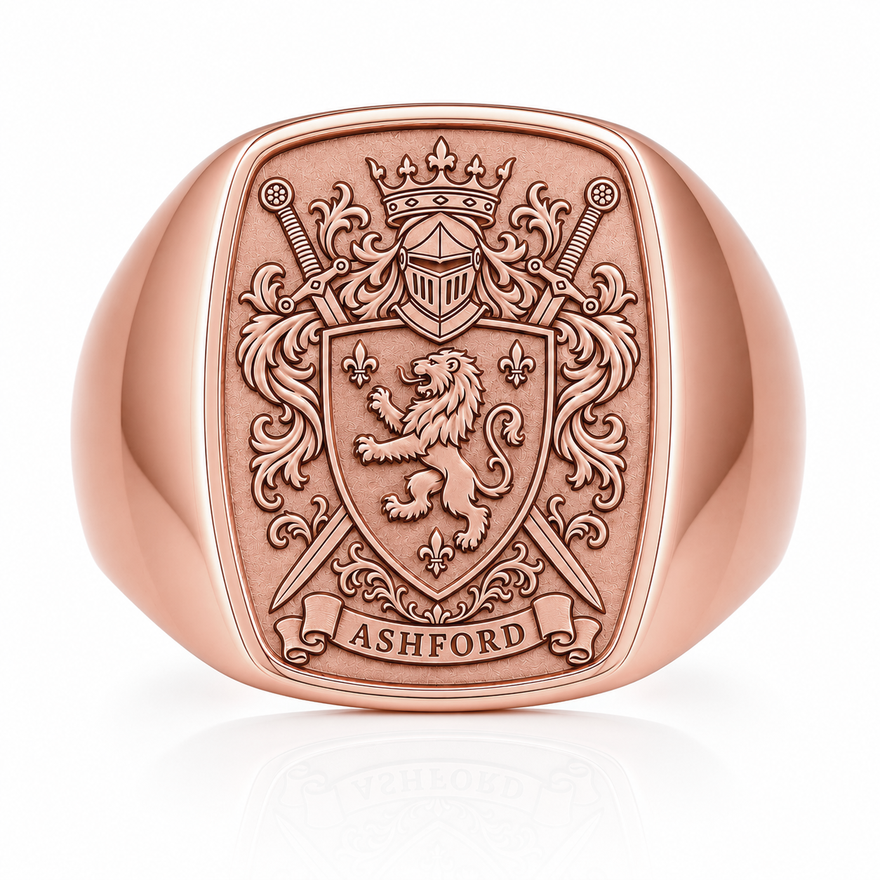 A rose gold ring with a shield-shaped emblem featuring a lion, crossed swords, and a crown, with the word "ASHFORD" inscribed below.