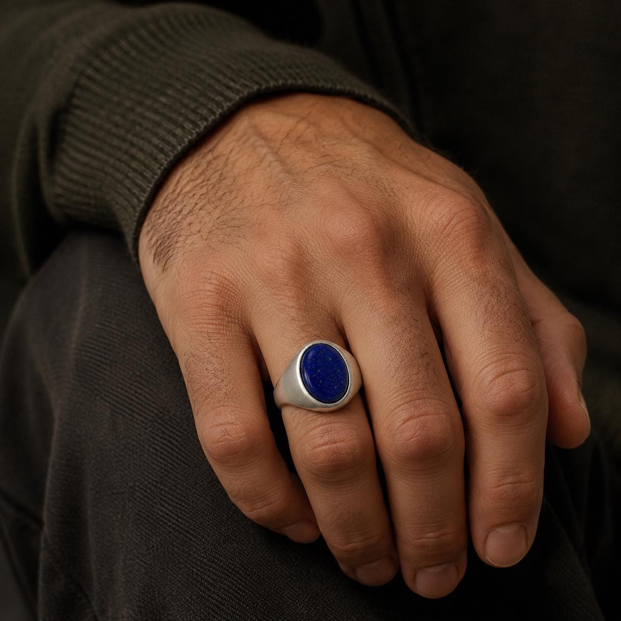 A close-up image of a person's hand wearing a silver ring with a blue gemstone.