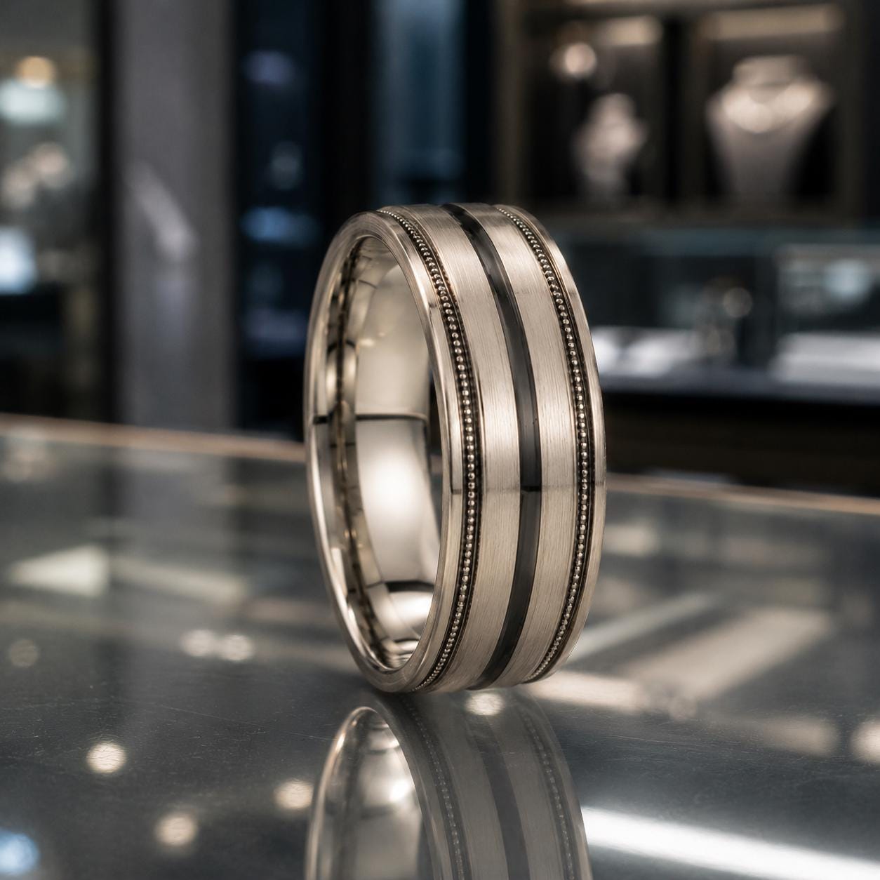 A silver ring with a striped band is displayed on a reflective surface, possibly a glass table or countertop.