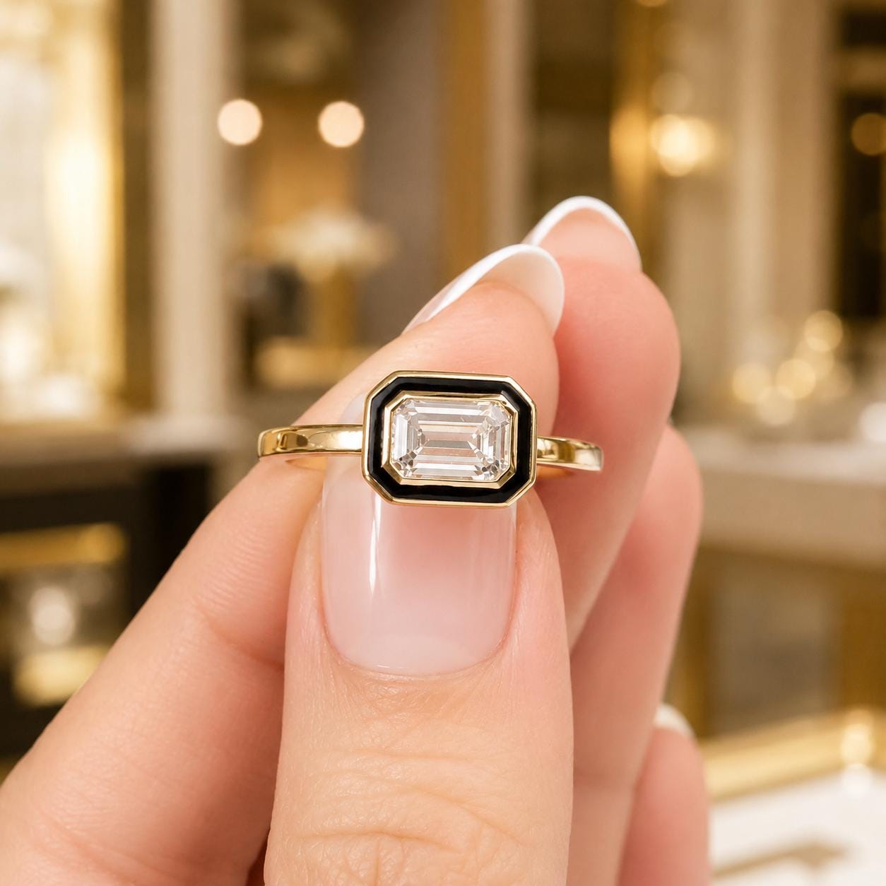 A close-up of a person's hand holding a gold ring with a large, clear gemstone in the center.