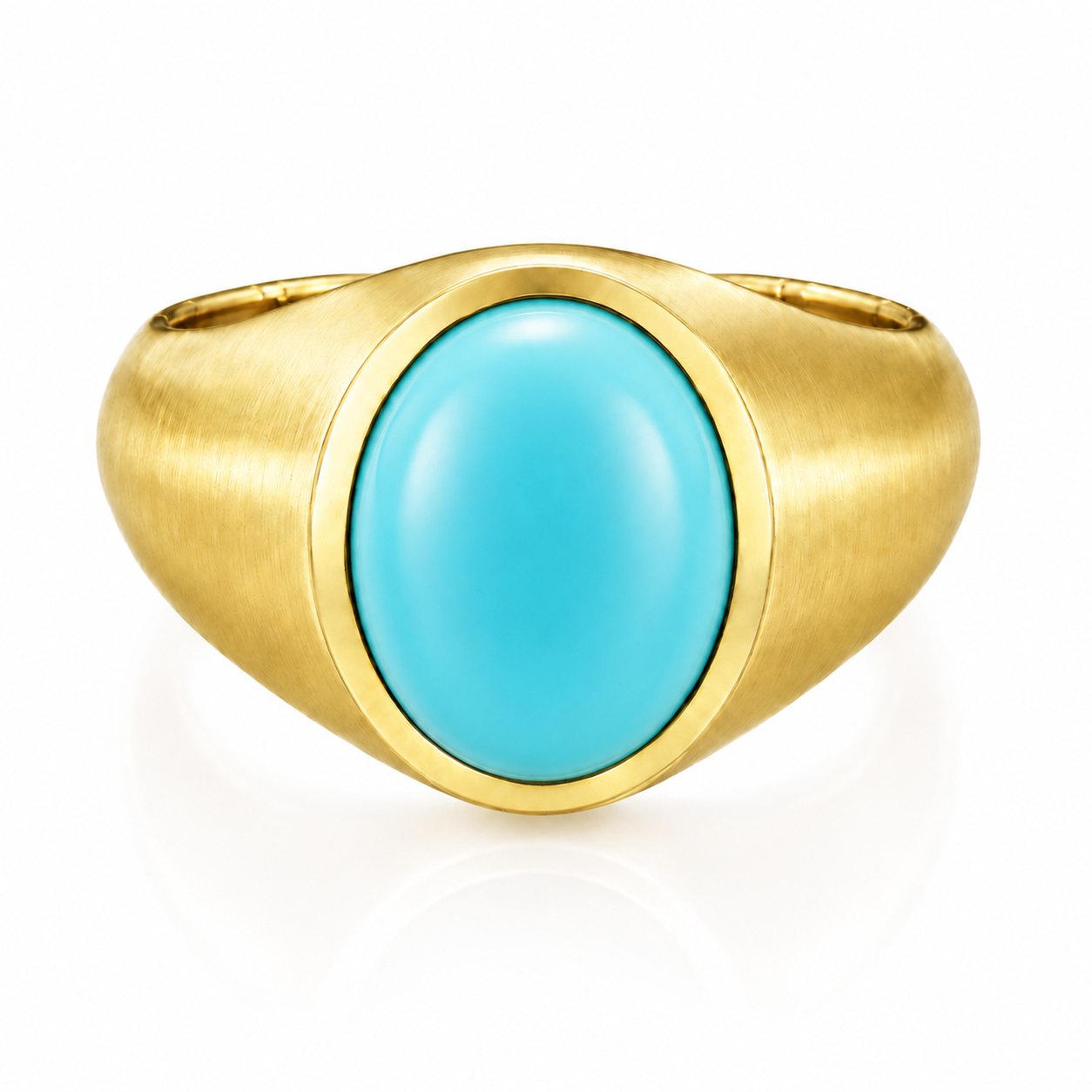 A gold ring with a turquoise stone set in the center.