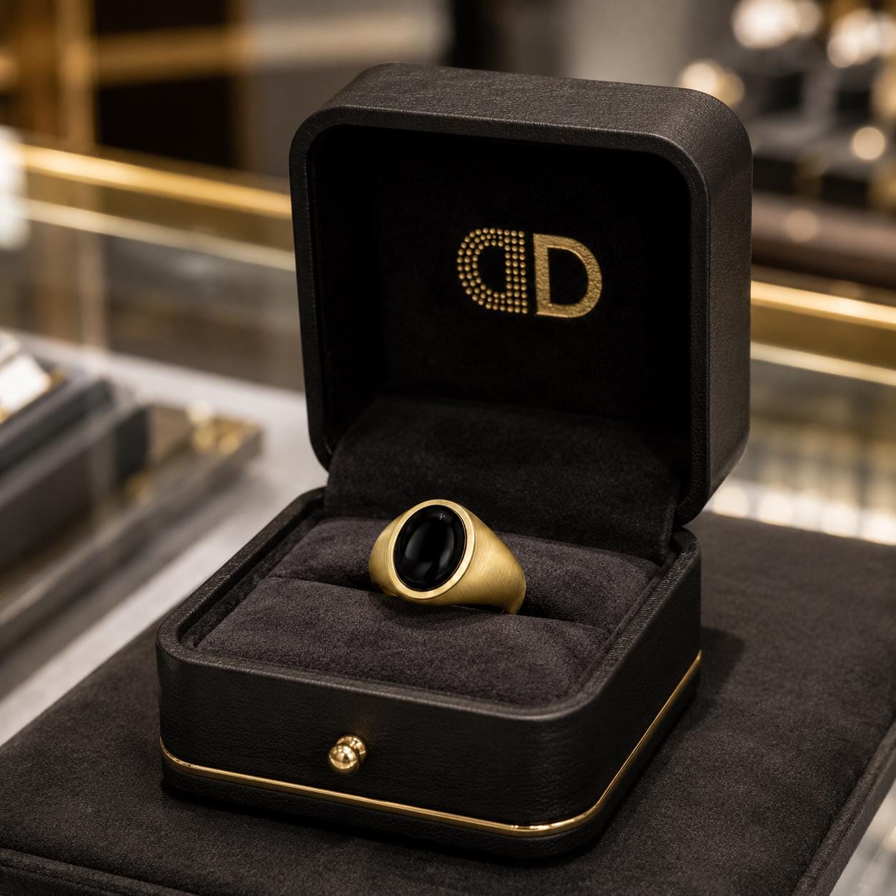 A gold ring with a black gemstone is displayed in a black jewelry box with a gold handle and a gold logo on the lid.