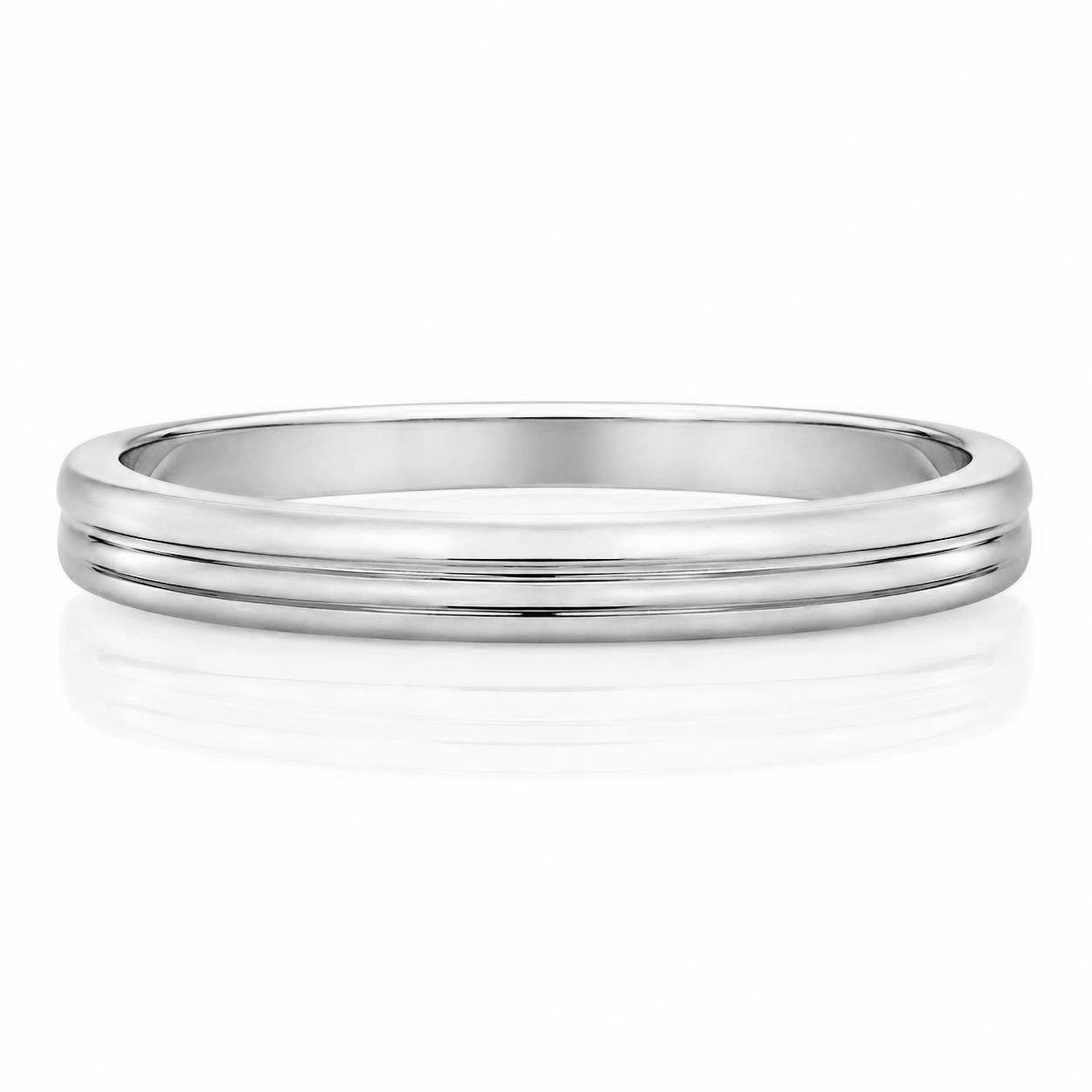 A simple silver ring with a flat band design.