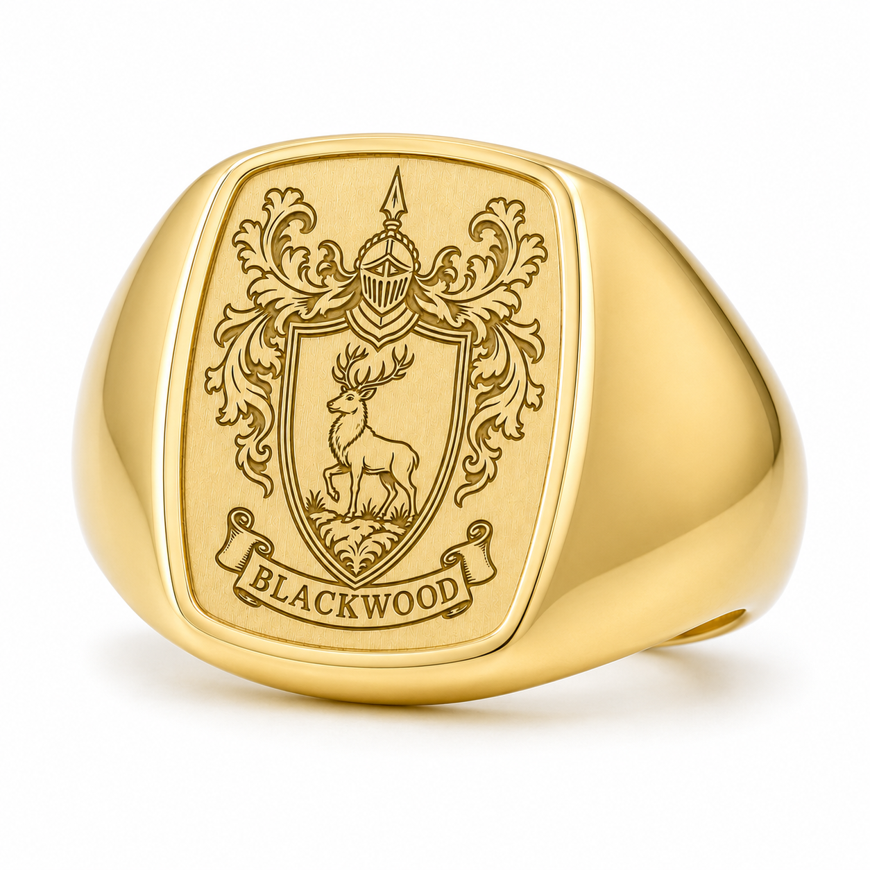 A gold ring with a crest featuring a shield and a deer, along with the text "BLACKWOOD".