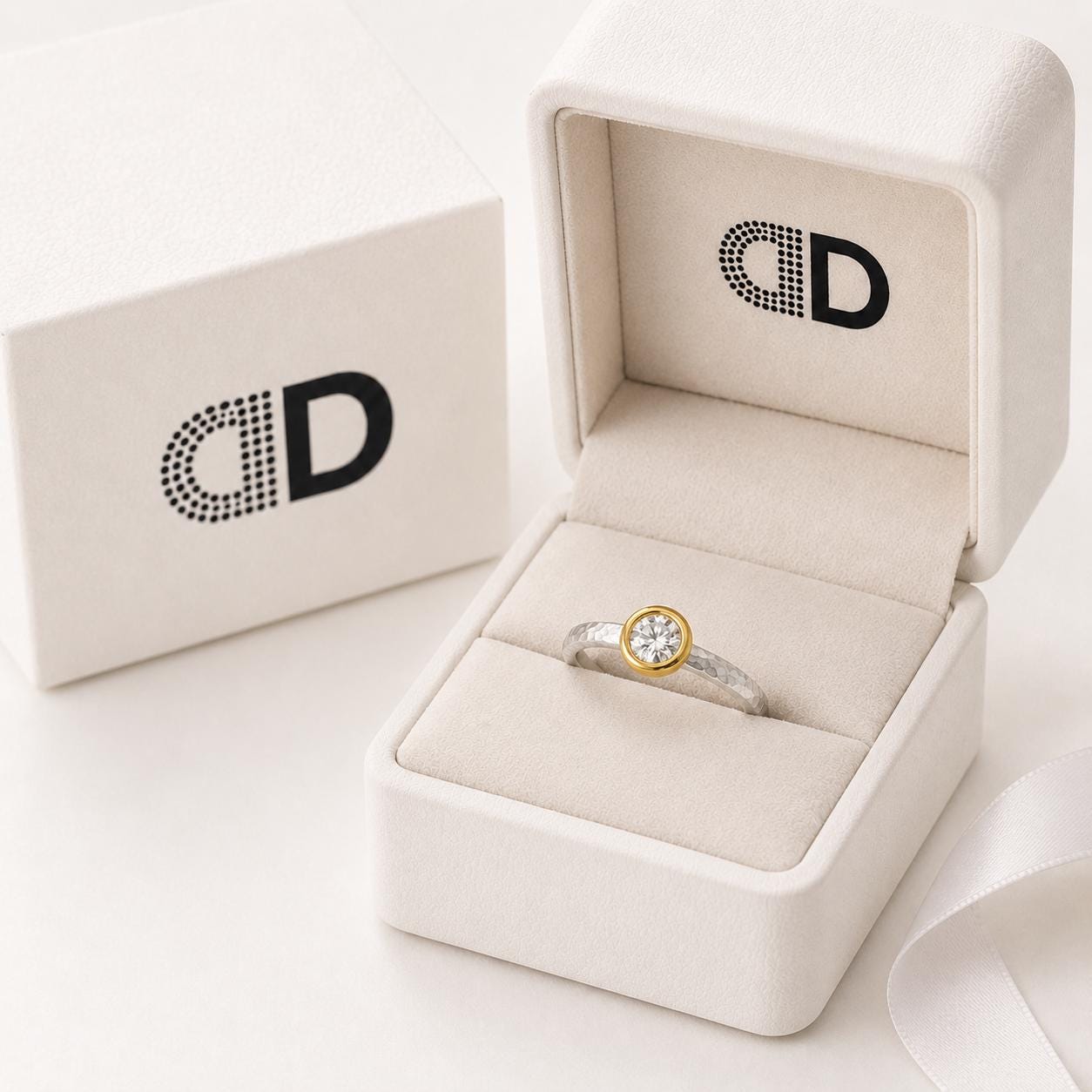 A white jewelry box with a gold ring inside, placed on a white surface.