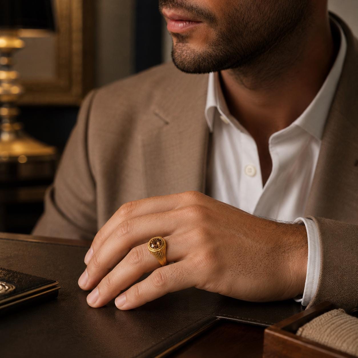 A man in a suit jacket is sitting at a desk, wearing a gold ring on his finger.