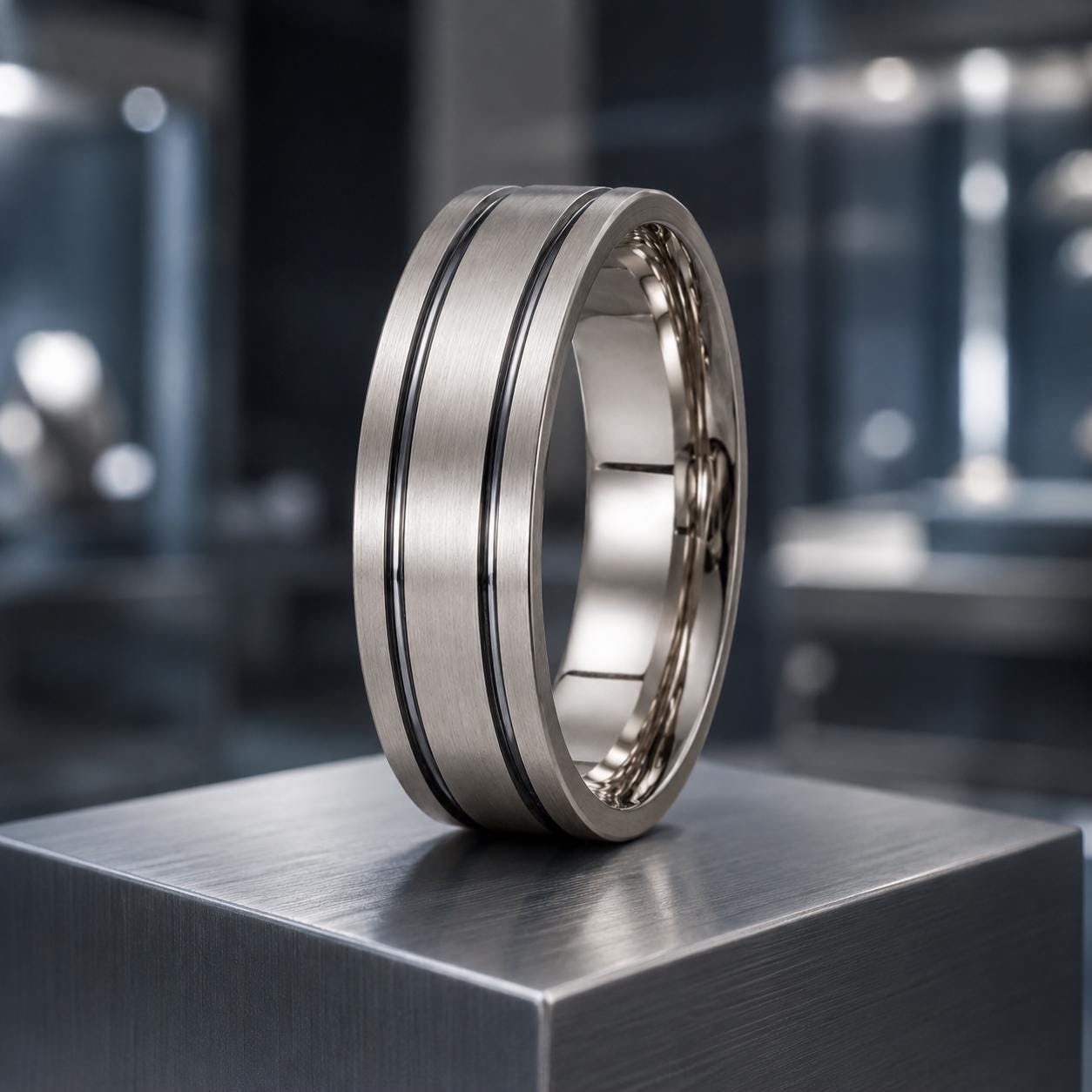 A silver ring with a metallic band and a black stripe is displayed on a metal stand in a dimly lit room.