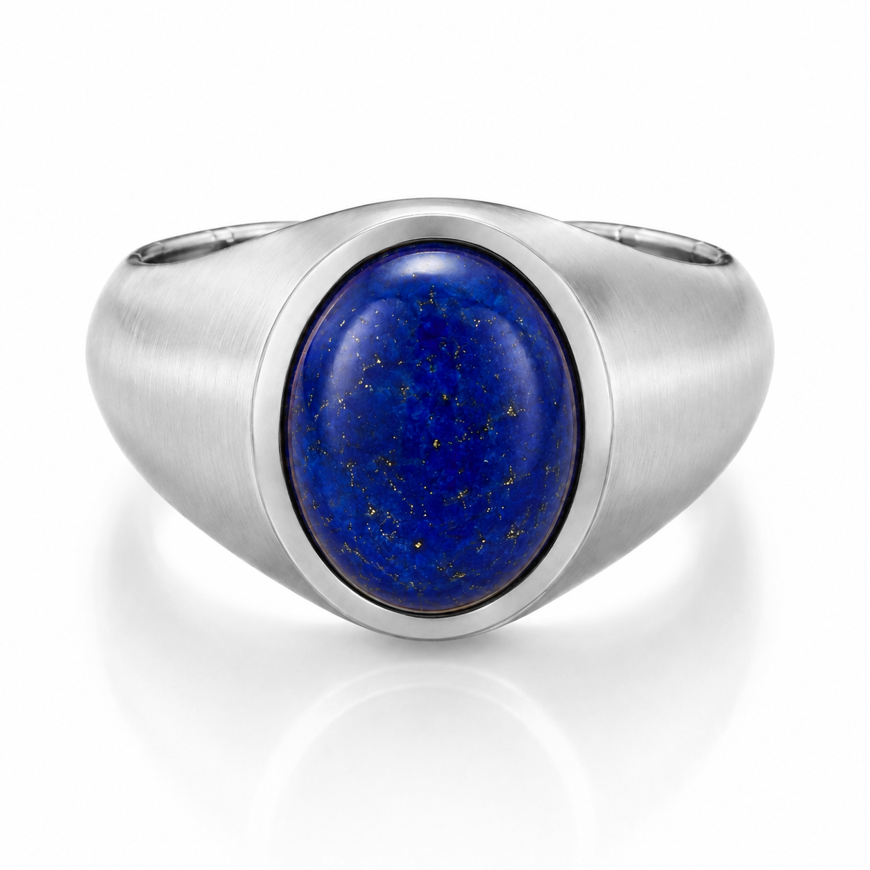 A silver ring with a large, round lapis lazuli gemstone set in the center.