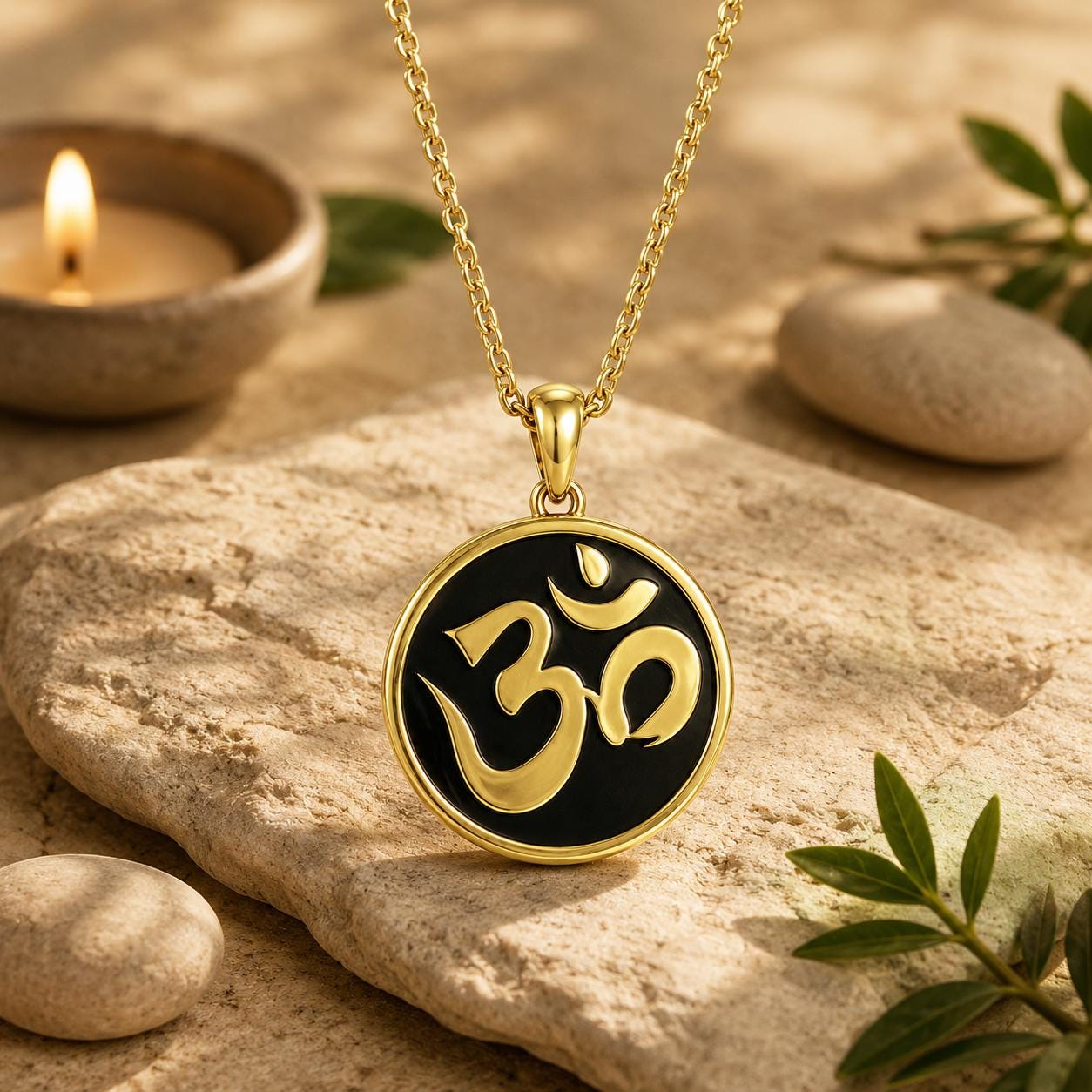 A gold-colored pendant necklace with a black circular pendant featuring the Om symbol, placed on a beige stone surface with a lit candle and some leaves in the background.