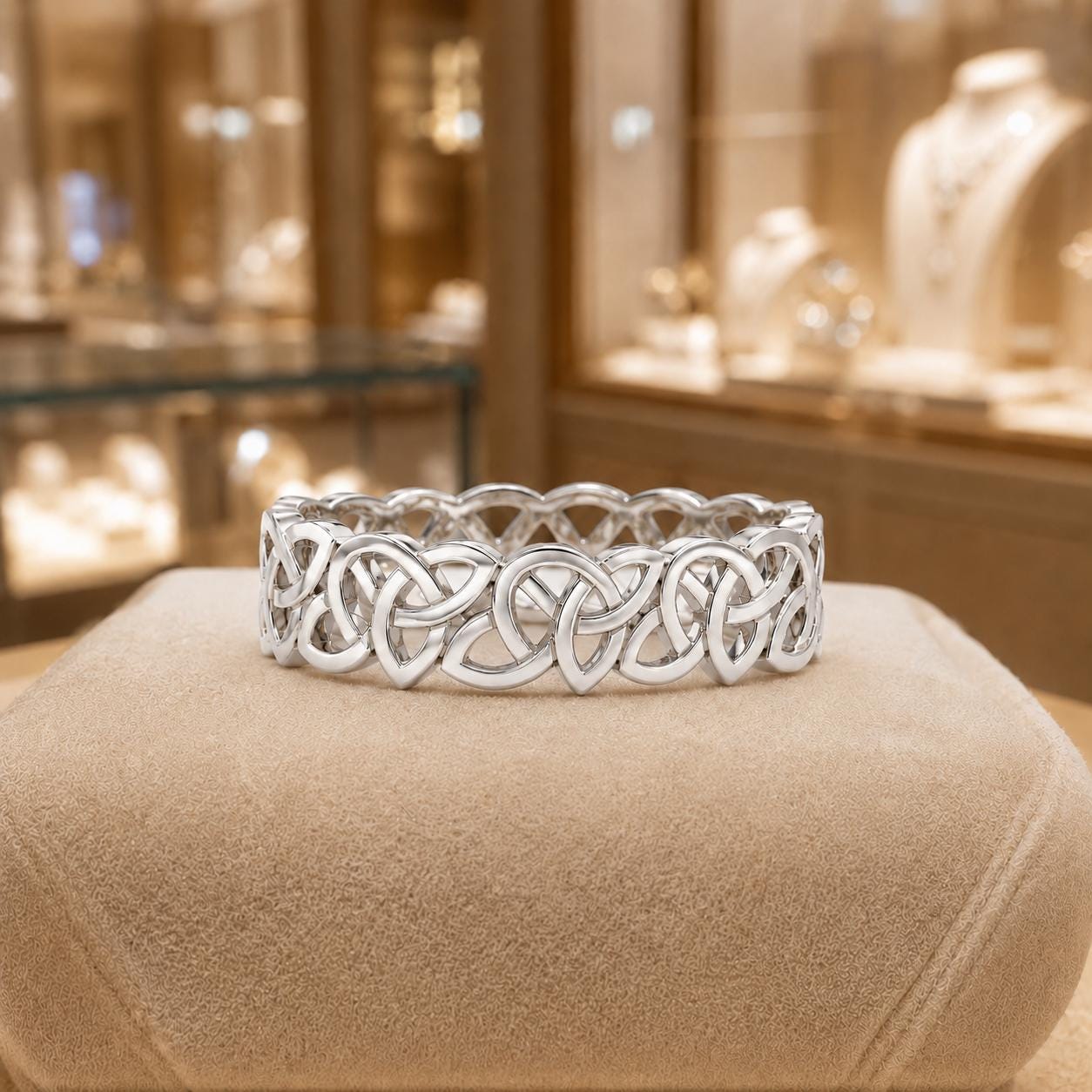 A silver bracelet with intricate designs sits on a beige cushion in a jewelry store.