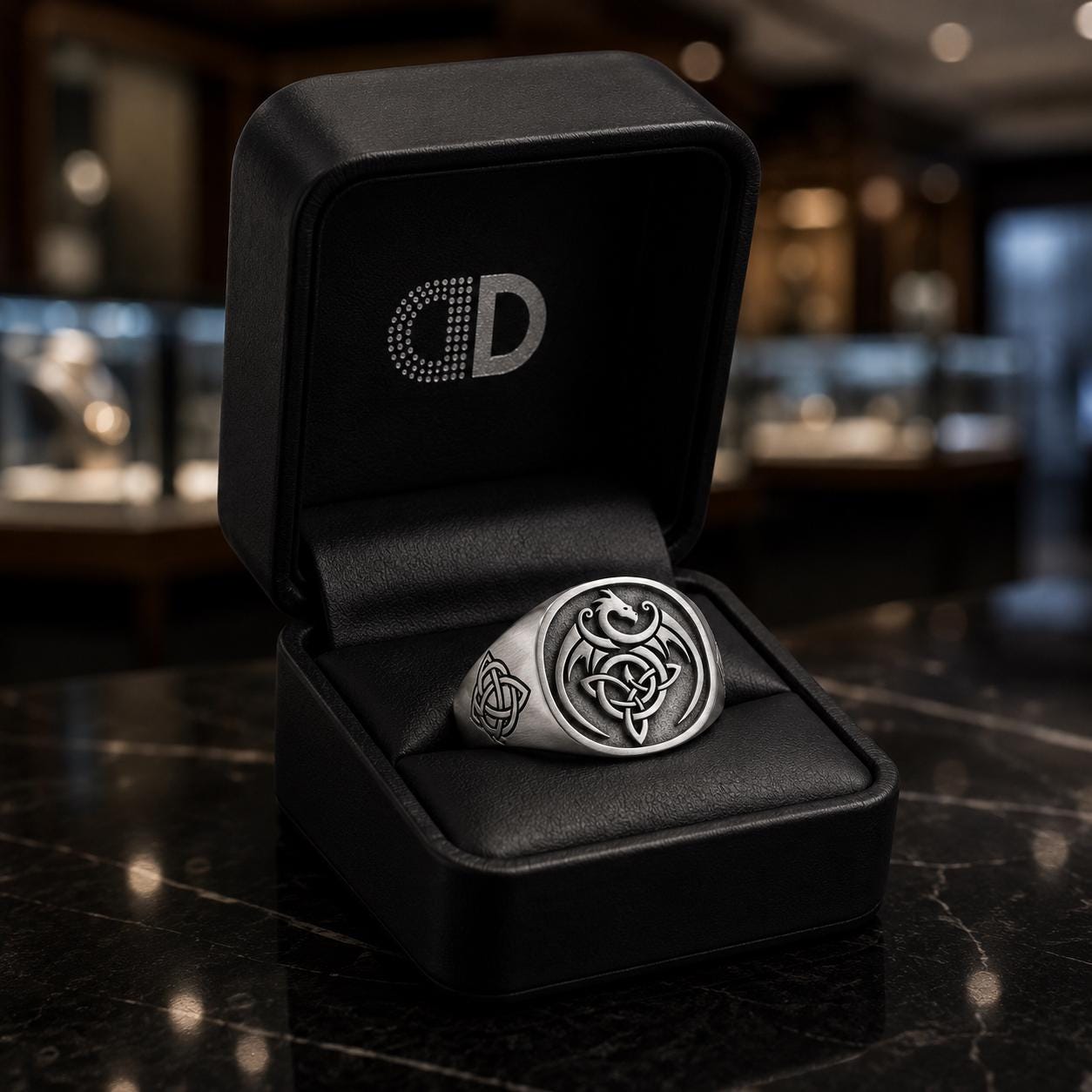 A silver ring is displayed in a black jewelry box on a marble countertop.