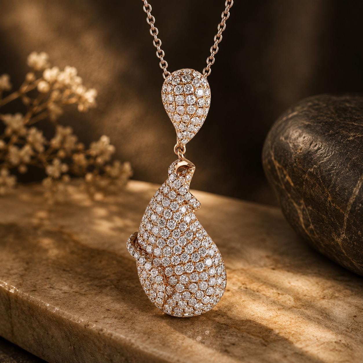 A necklace with a large, sparkling diamond pendant is displayed on a marble surface, with a blurred background of flowers and rocks.