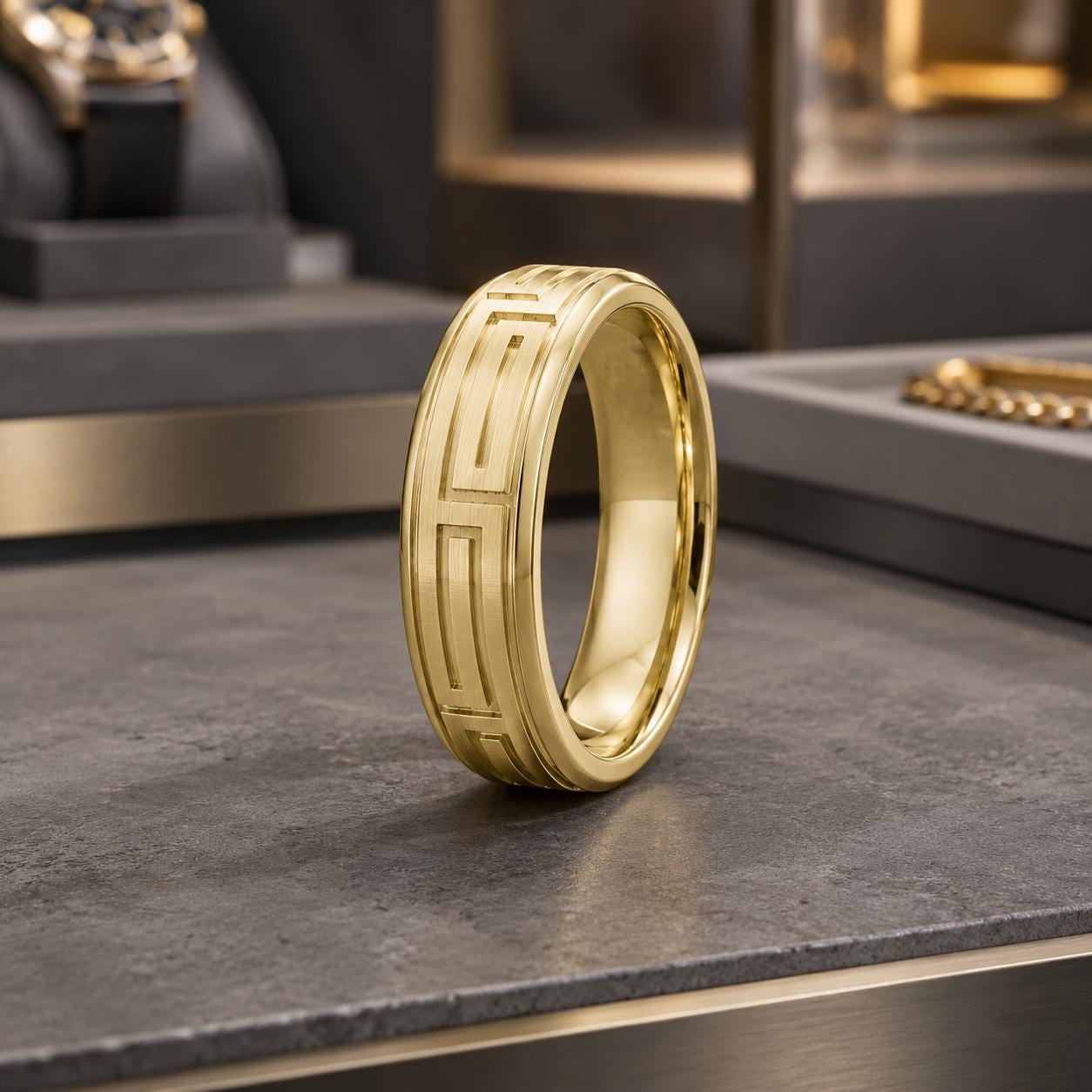 A gold ring with a geometric pattern is displayed on a gray surface, possibly in a jewelry store or a similar setting.
