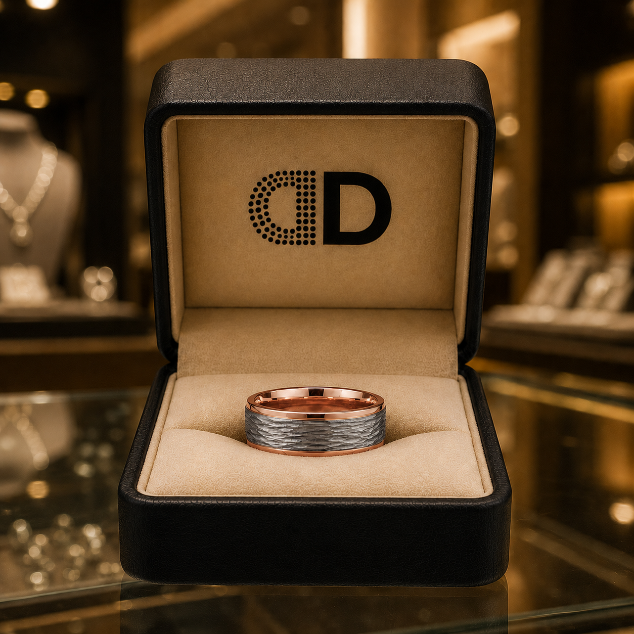 A gold ring is displayed in a black jewelry box with a beige interior, placed on a glass table.