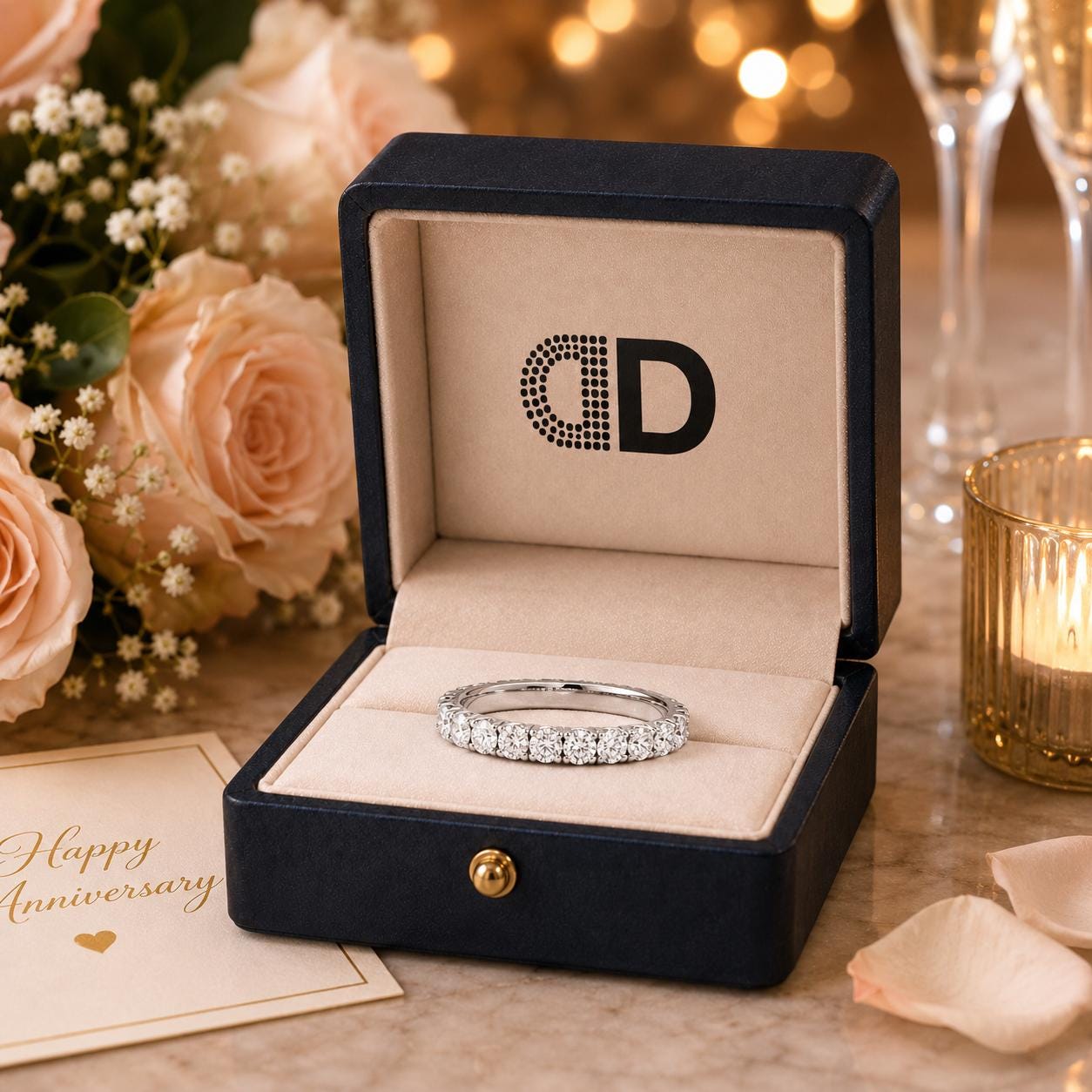 A diamond ring is displayed in a black jewelry box on a table, surrounded by a bouquet of roses, a candle, and a card.