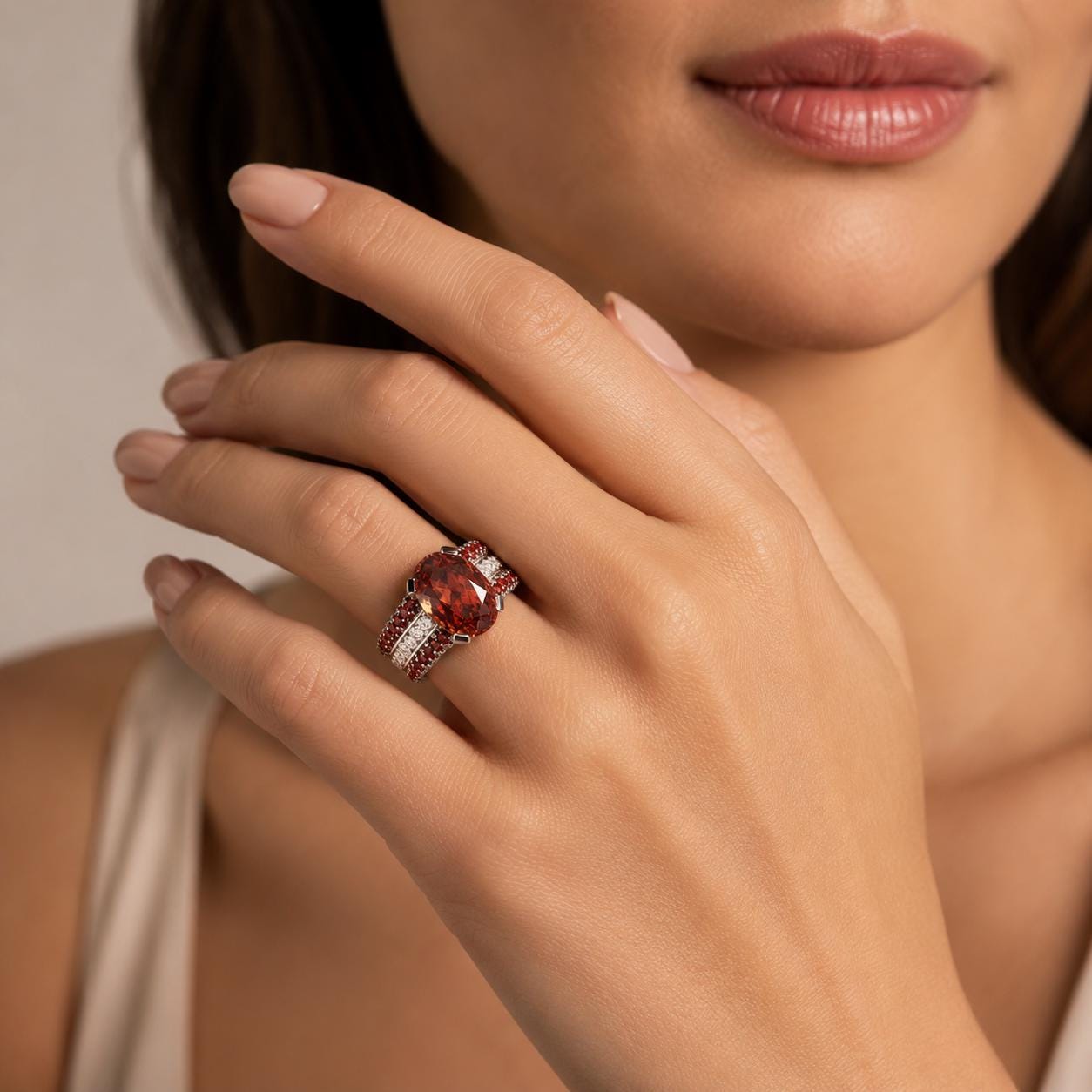 A close-up of a woman's hand wearing a ring with a large red gemstone.