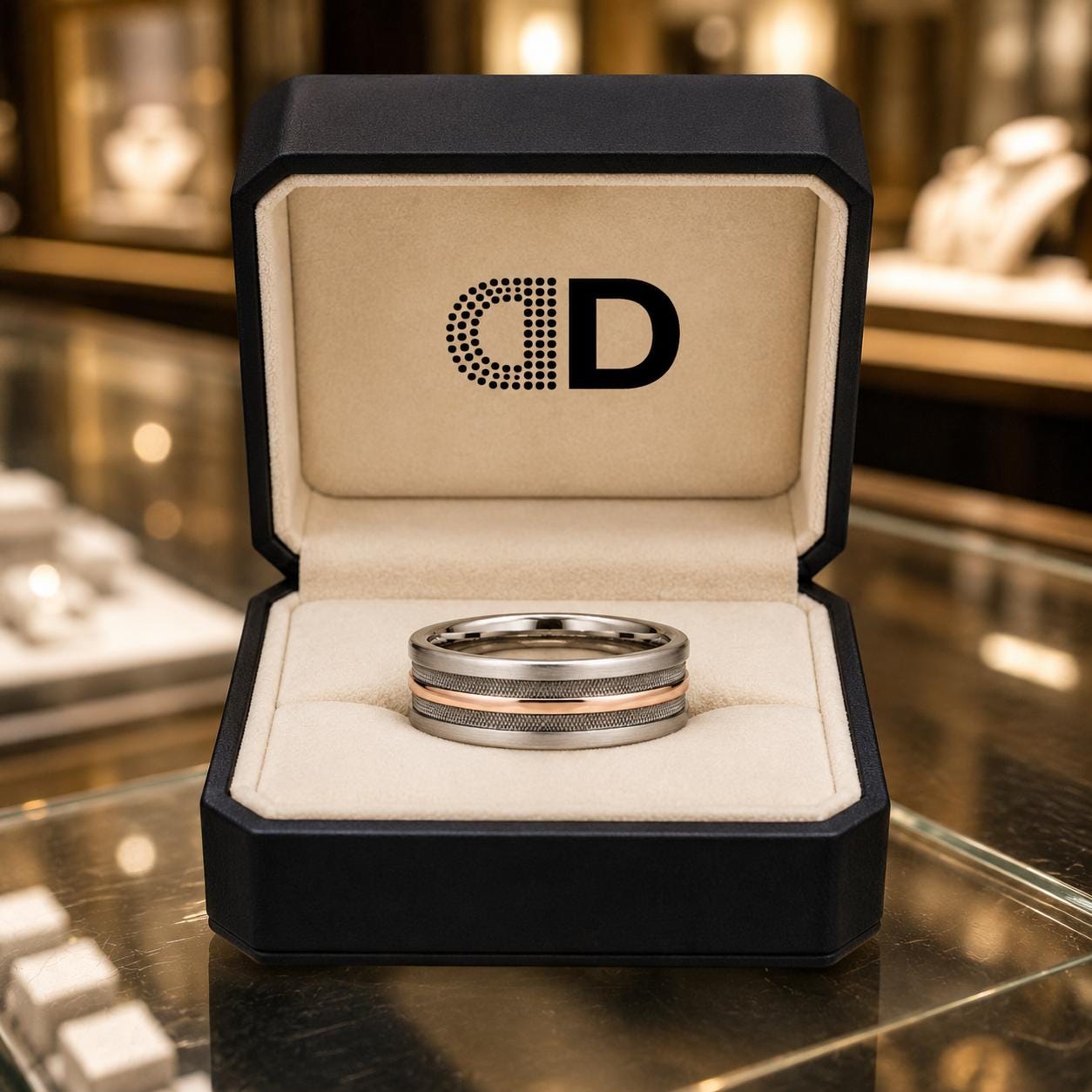 A silver ring is displayed in a black jewelry box with a logo on the lid.