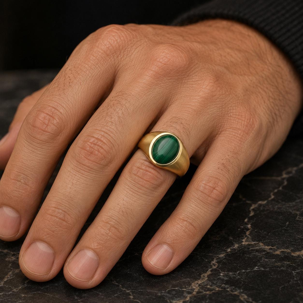 A close-up image of a person's hand wearing a gold ring with a green gemstone.