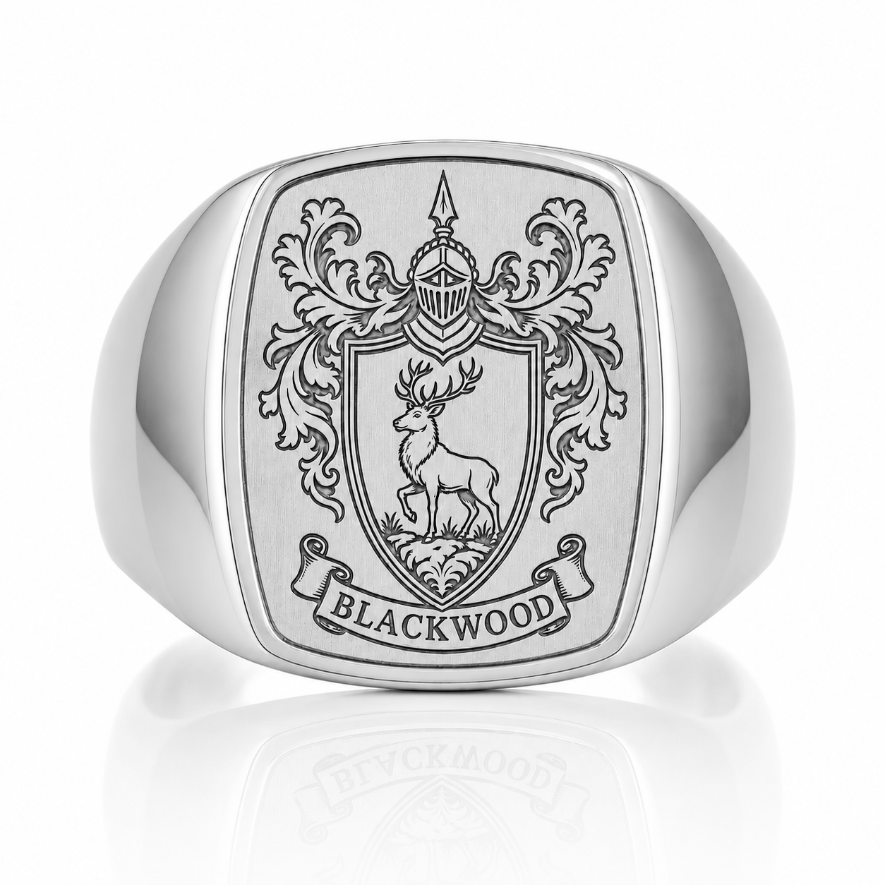 A silver ring with a crest featuring a deer and the word "BLACKWOOD" below it.