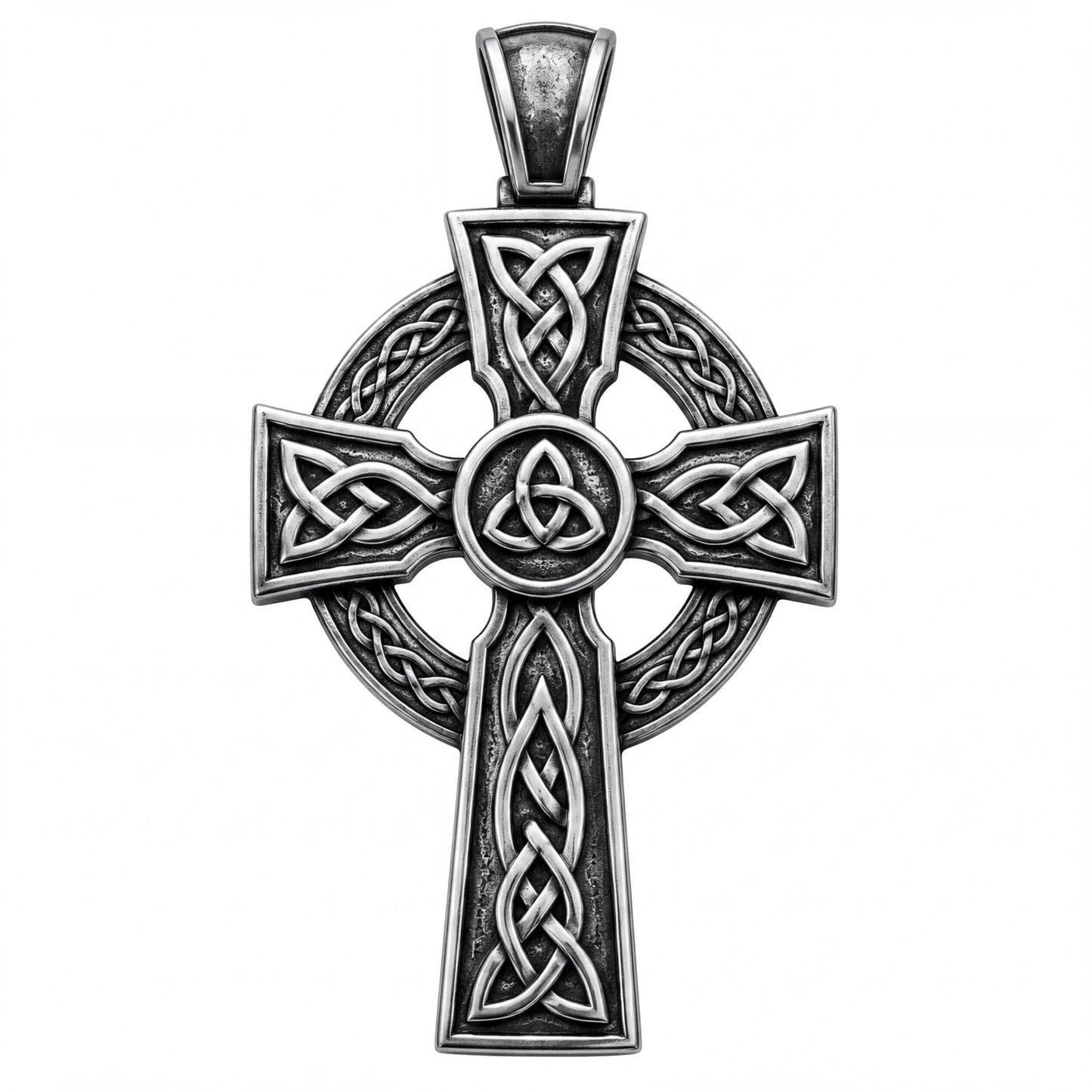 A detailed silver-colored Celtic cross pendant with intricate knot designs.