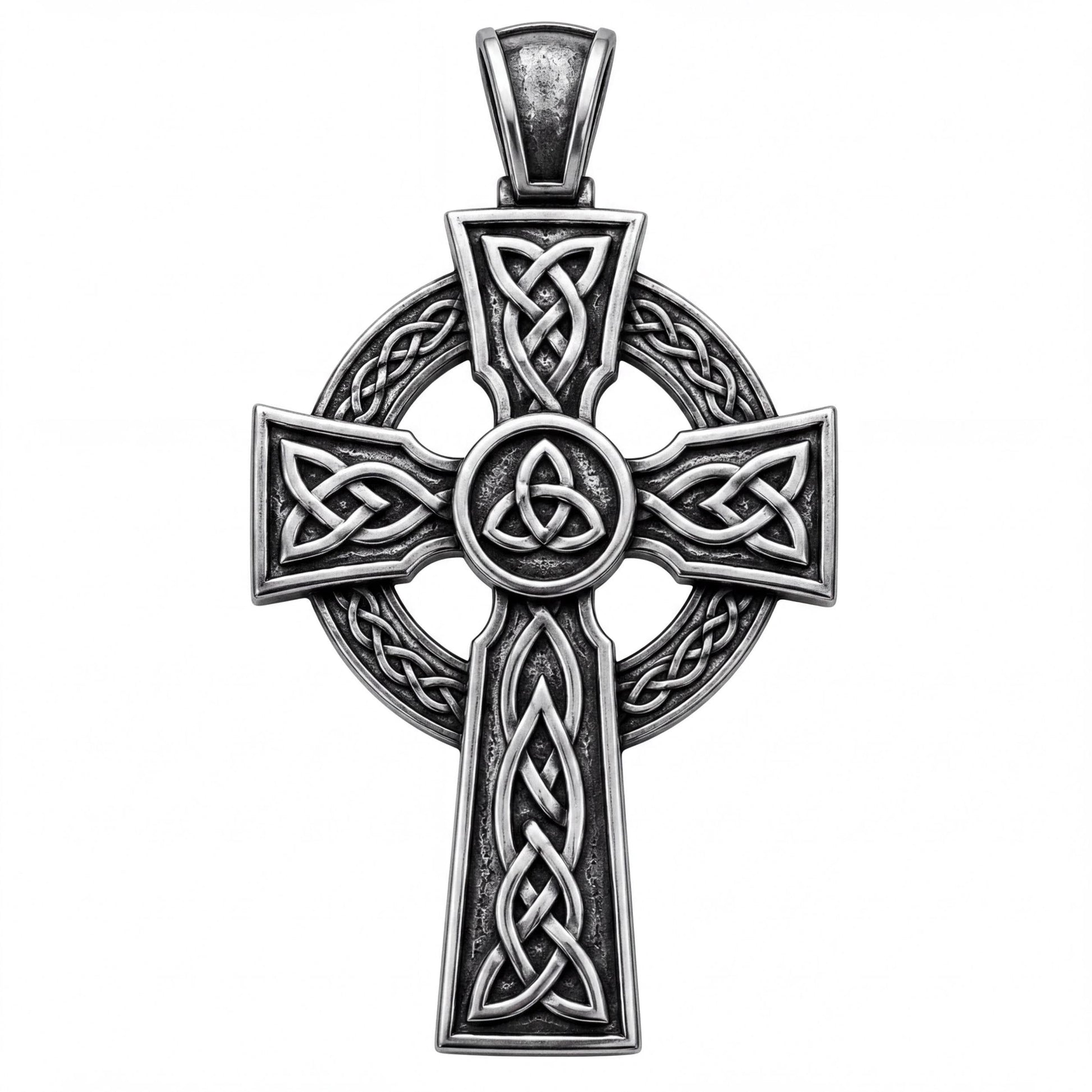 A detailed silver-colored Celtic cross pendant with intricate knot designs.