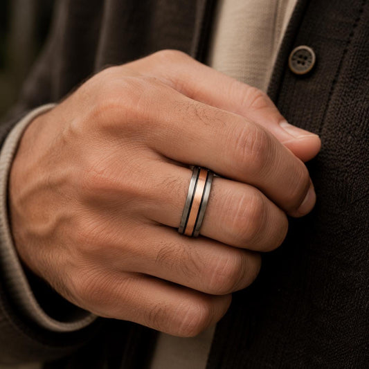A close-up of a person's hand wearing a ring on the ring finger.