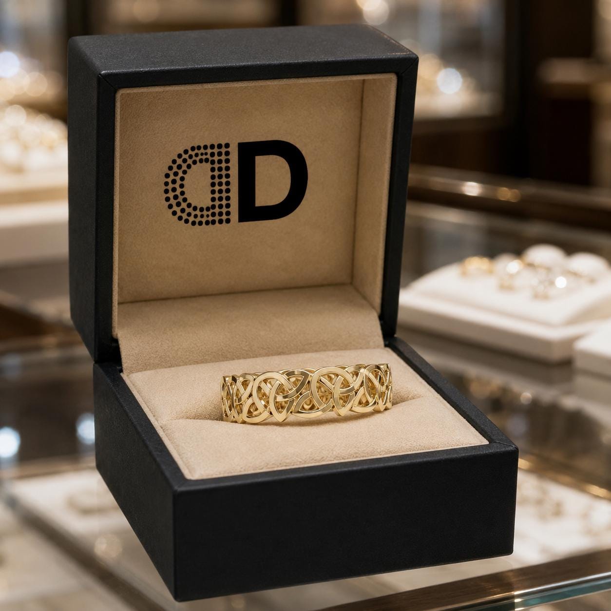 A gold ring is displayed in a black jewelry box with the letters "CD" printed on it.