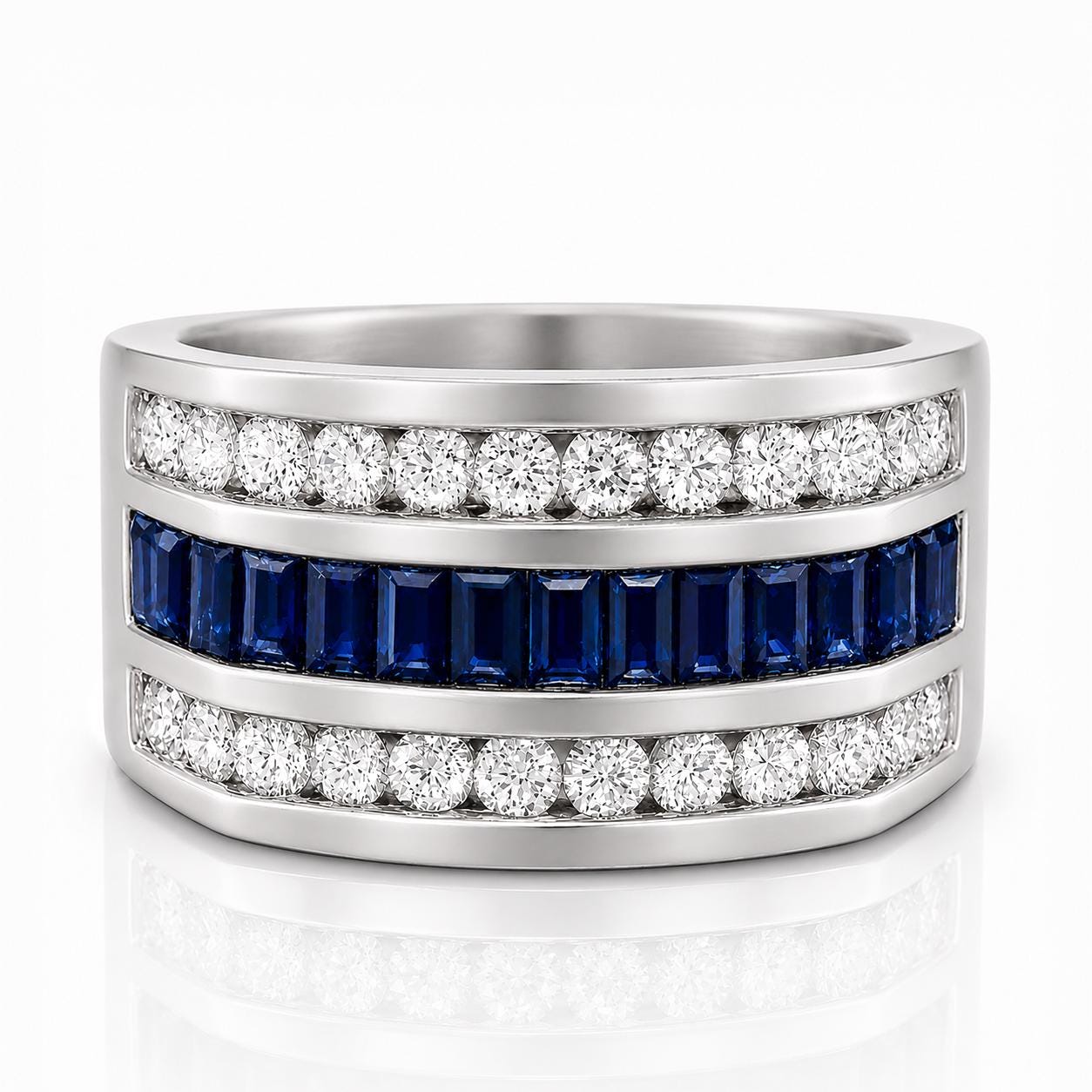A silver ring with a row of diamonds and blue gemstones.