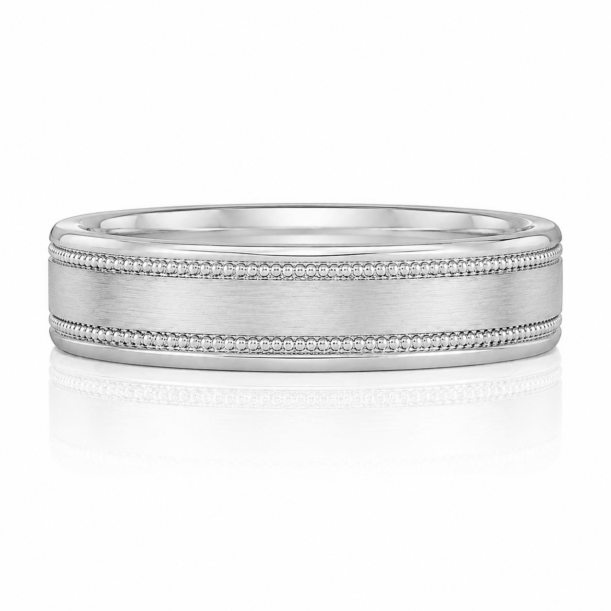 A silver-colored wedding band with a row of small diamonds along the edge.