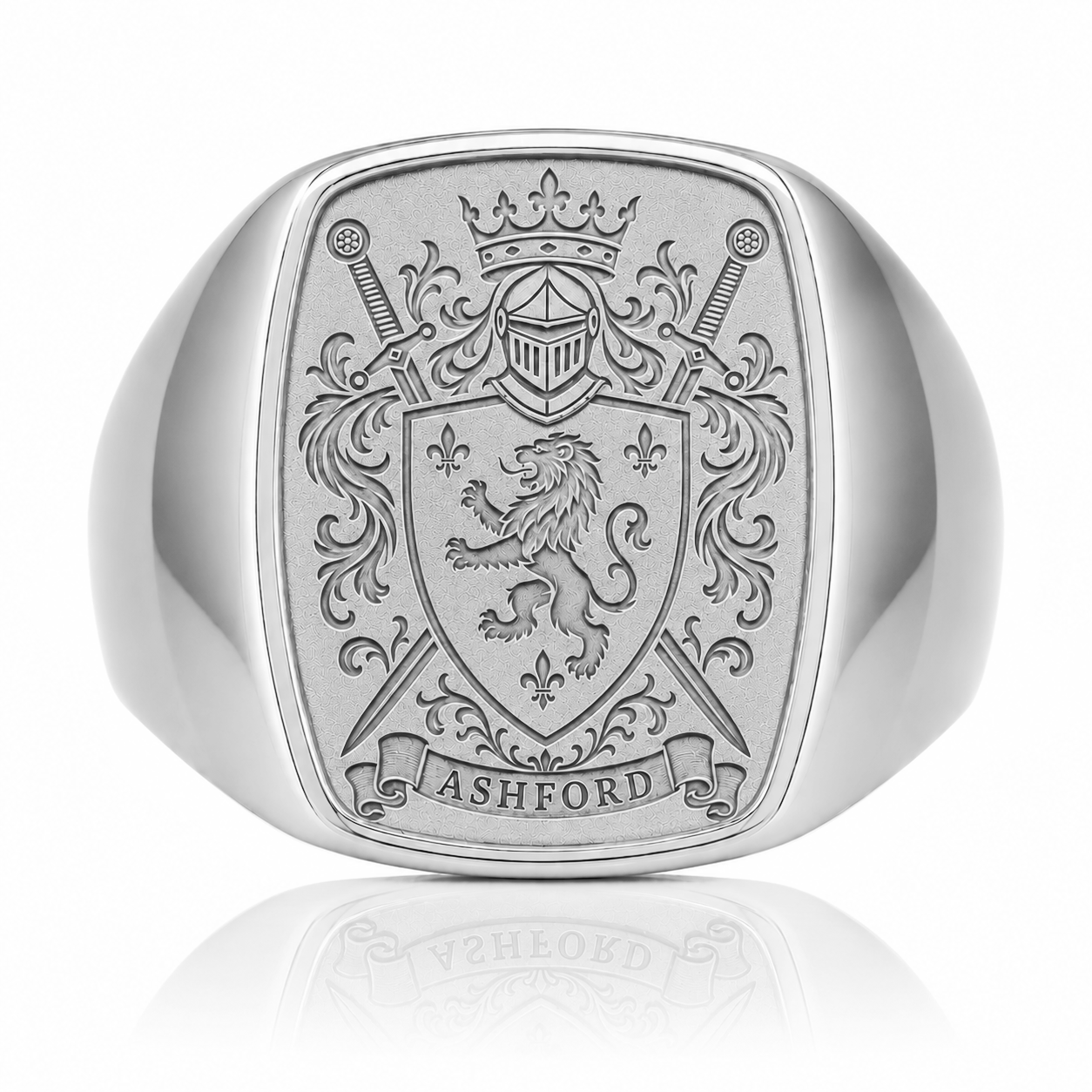 A silver ring with an embossed coat of arms featuring a lion, crossed swords, and a crown, with the word "ASHFORD" below the shield.