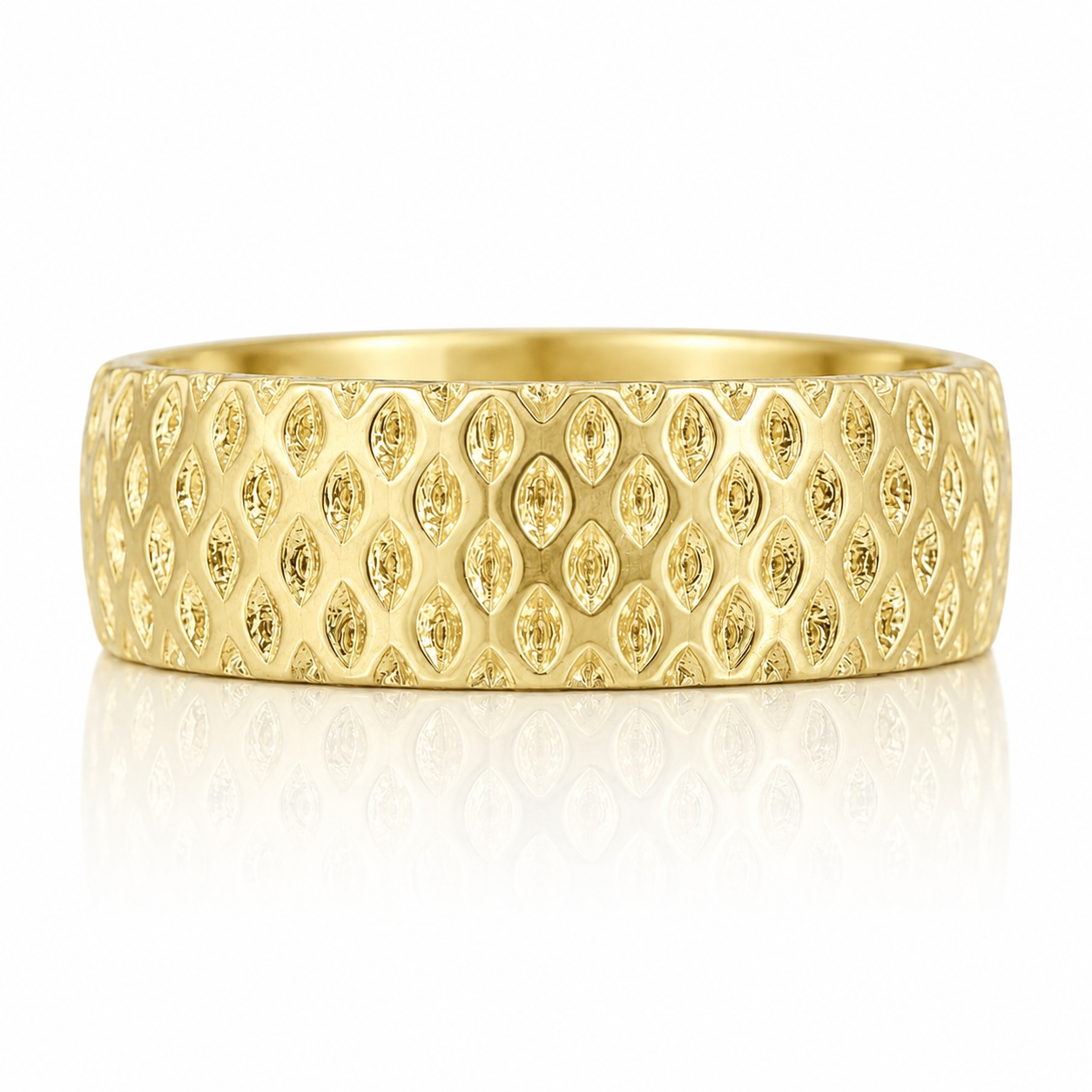 A gold ring with a diamond pattern design.