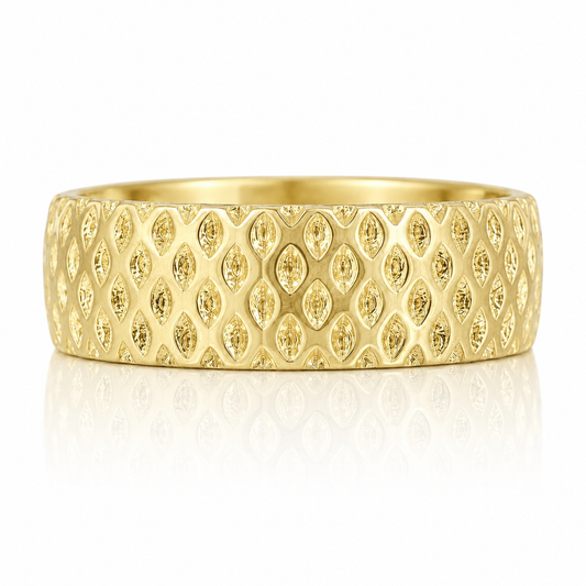 A gold ring with a diamond pattern design.
