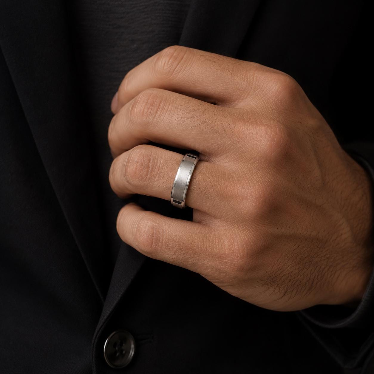 A close-up of a person's hand wearing a silver ring on the ring finger.