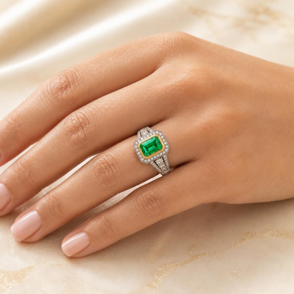 A close-up of a hand wearing a diamond ring with a large green gemstone.