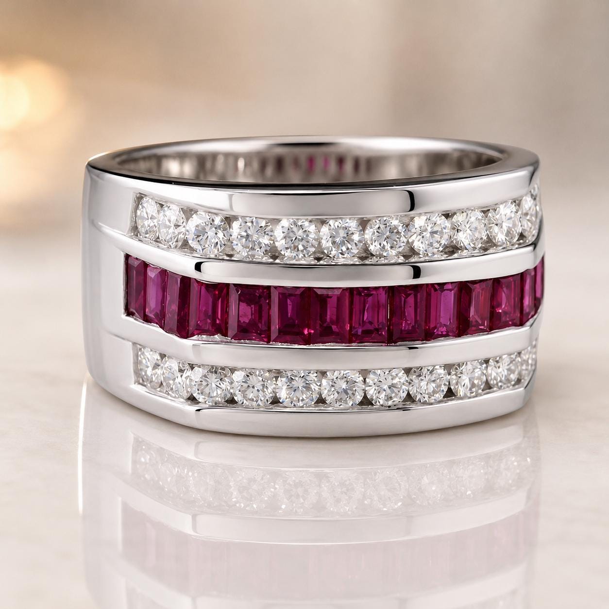 A silver ring with a row of diamonds and a row of pink gemstones, likely rubies, set in a band.