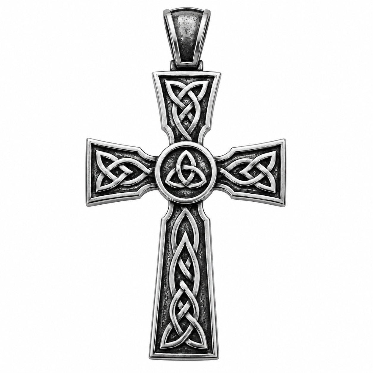 A silver-colored metal cross pendant with intricate Celtic knot designs.