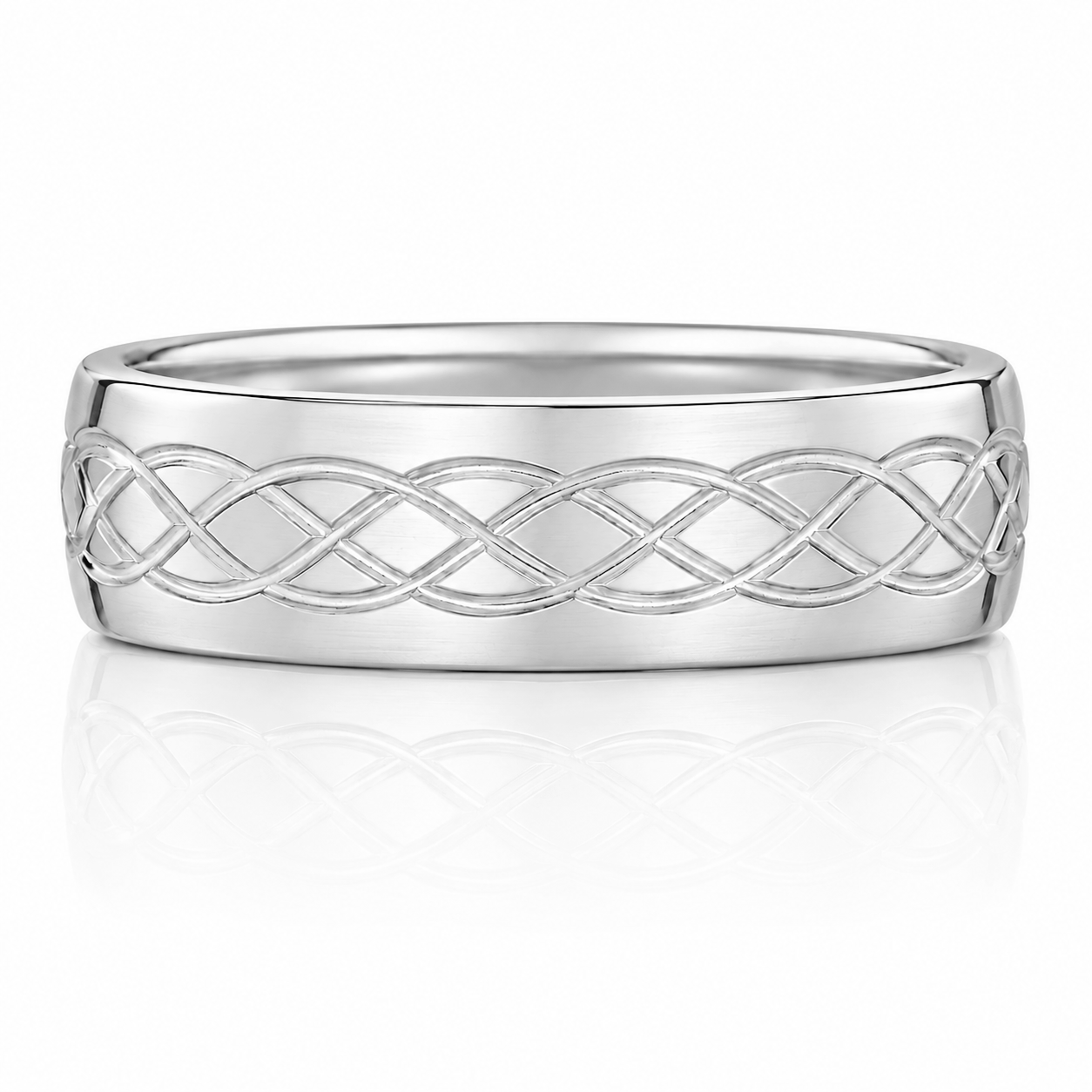 A silver-colored ring with a Celtic knot design on the band.