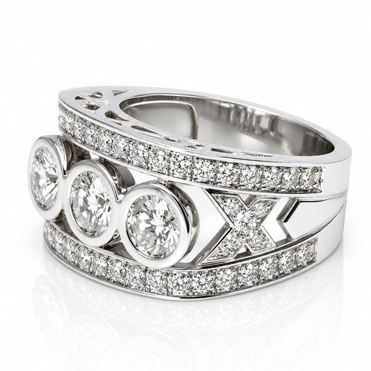 A silver ring with three large diamonds set in a decorative band.