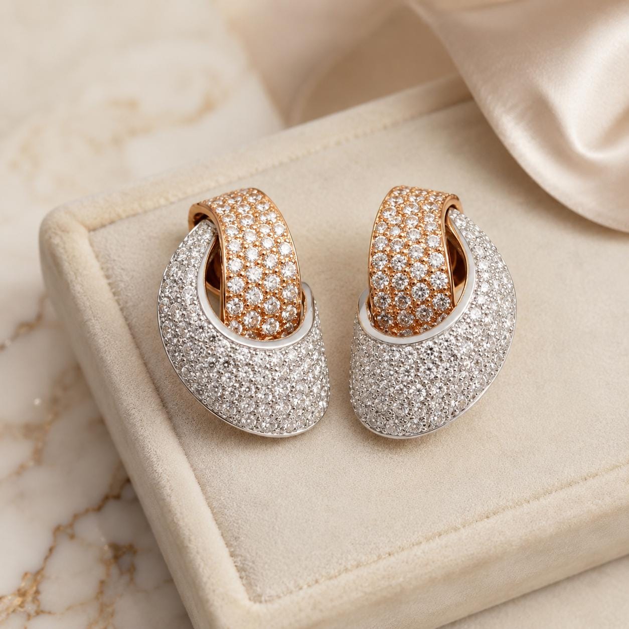 A pair of elegant earrings with a combination of gold and white diamonds, displayed on a beige velvet background.