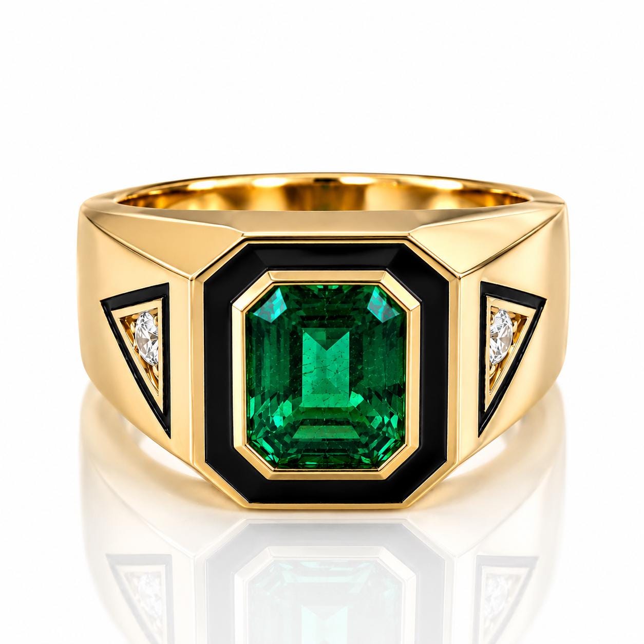 A gold ring with a large, vibrant green gemstone in the center, surrounded by smaller diamonds on either side.