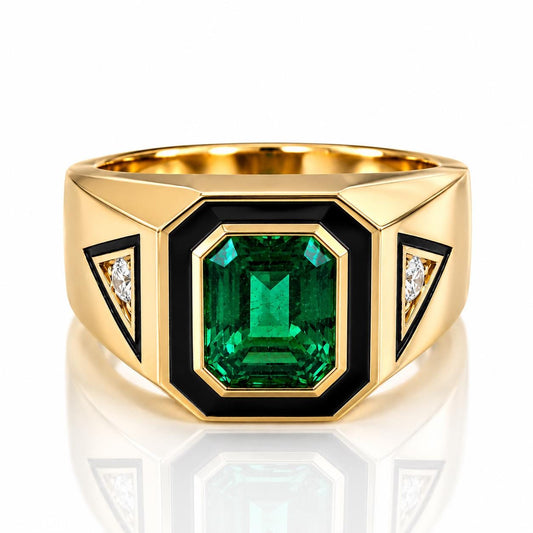 A gold ring with a large, vibrant green gemstone in the center, surrounded by smaller diamonds on either side.
