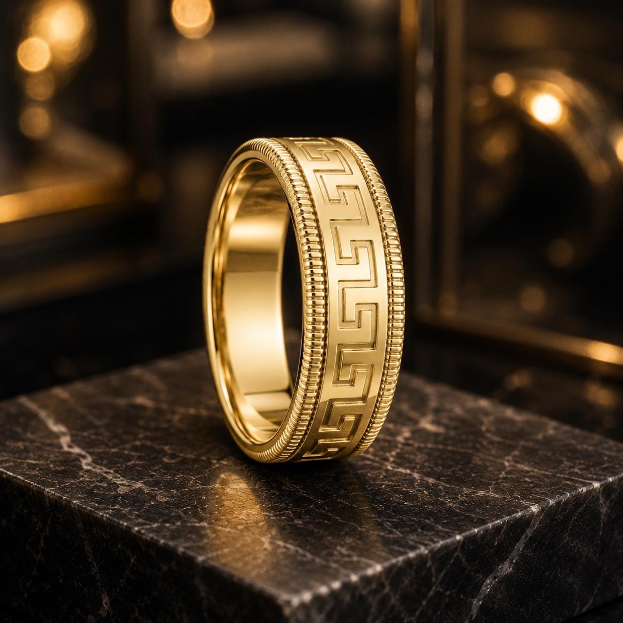 A gold ring with a Greek key pattern is displayed on a black marble surface.