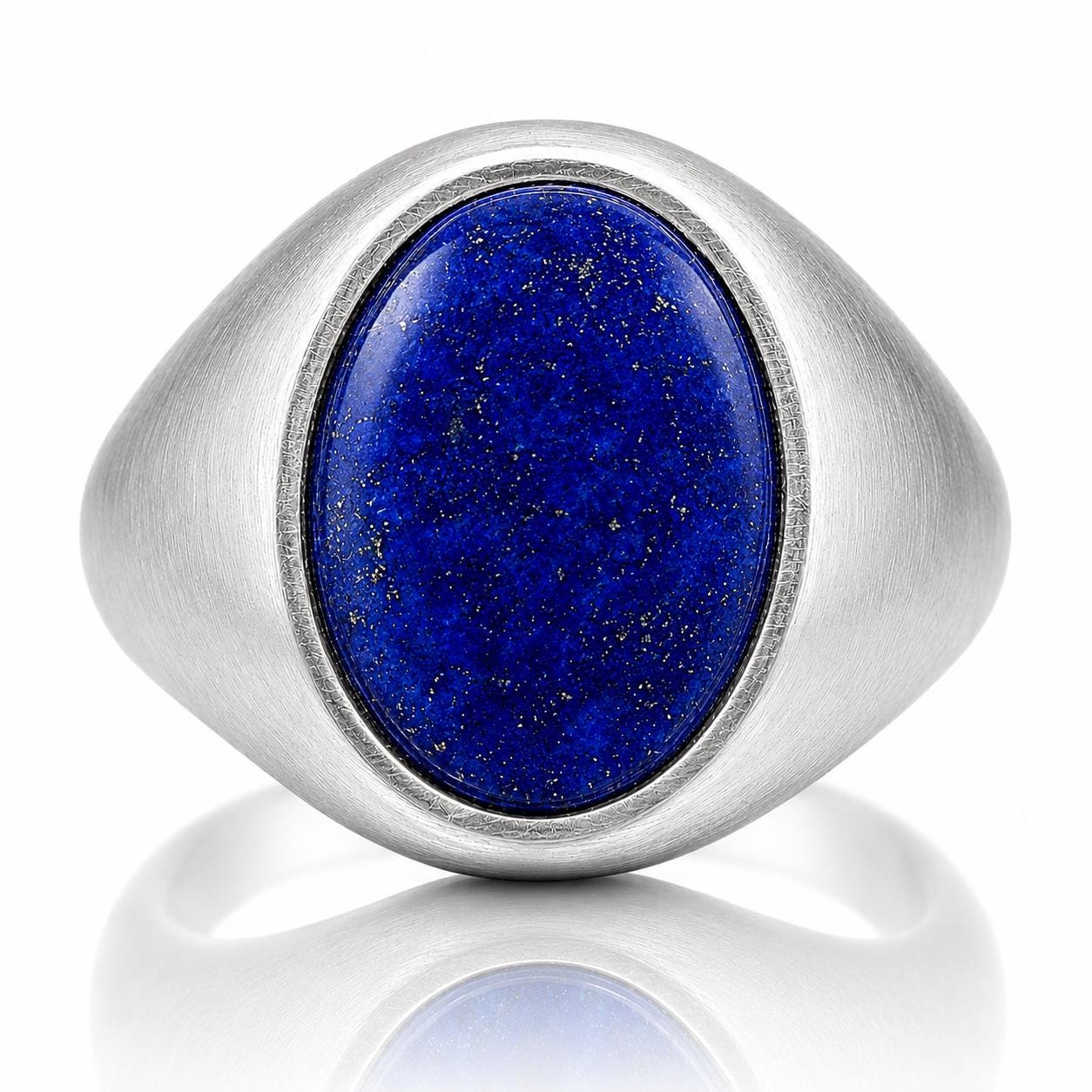 A silver ring with a large oval-shaped lapis lazuli stone in the center.