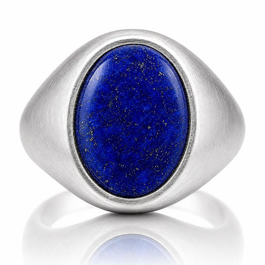 A silver ring with a large oval-shaped lapis lazuli stone in the center.
