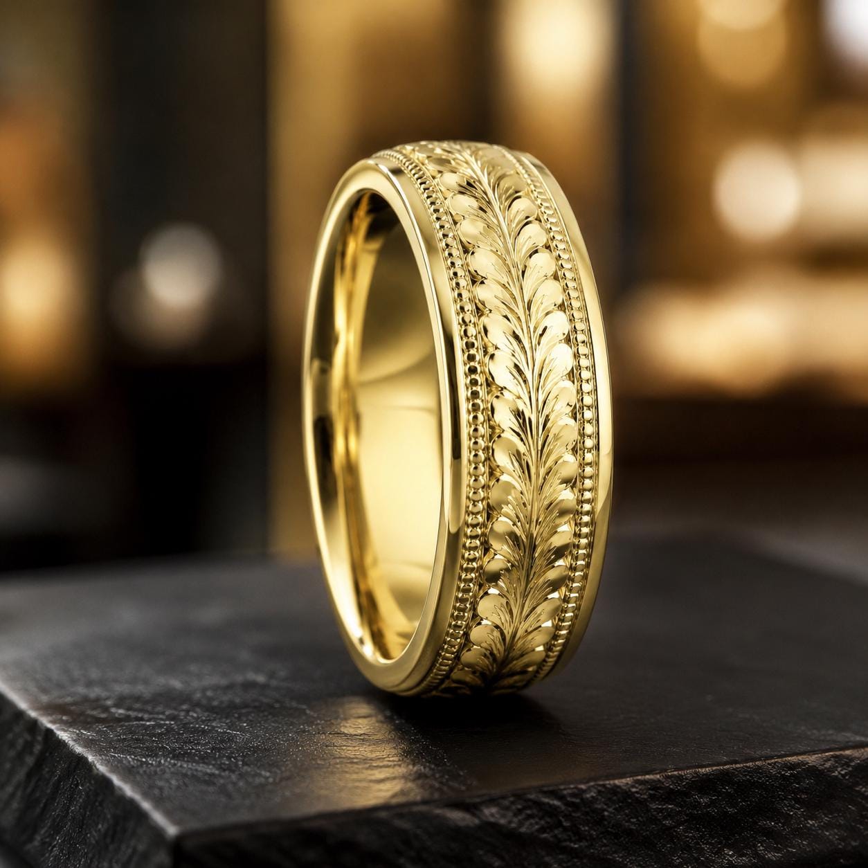 A gold ring with an intricate leaf design sits on a black surface.