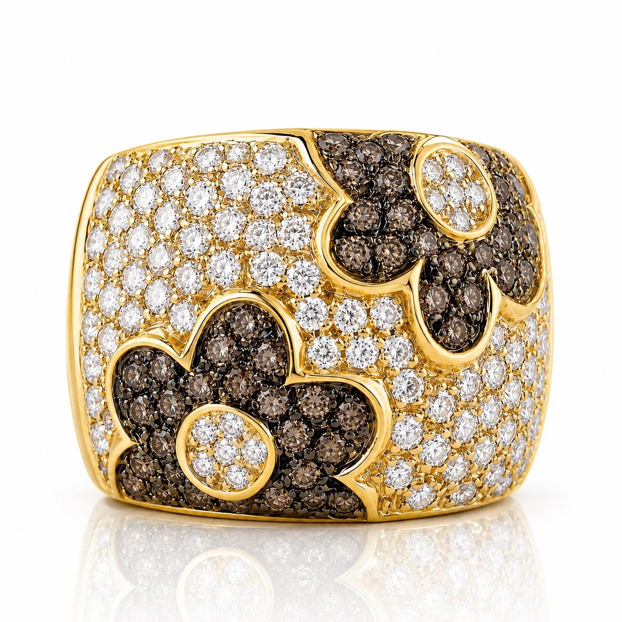 A gold ring adorned with diamonds in various shapes and sizes, including flowers and leaves.