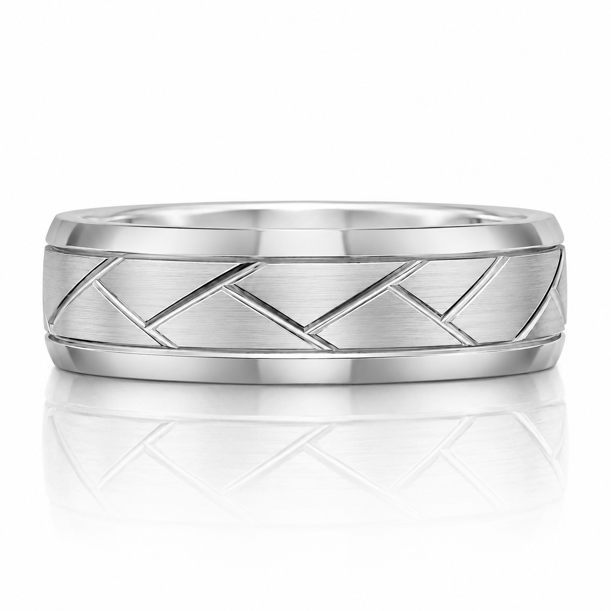 A silver ring with a geometric pattern design.