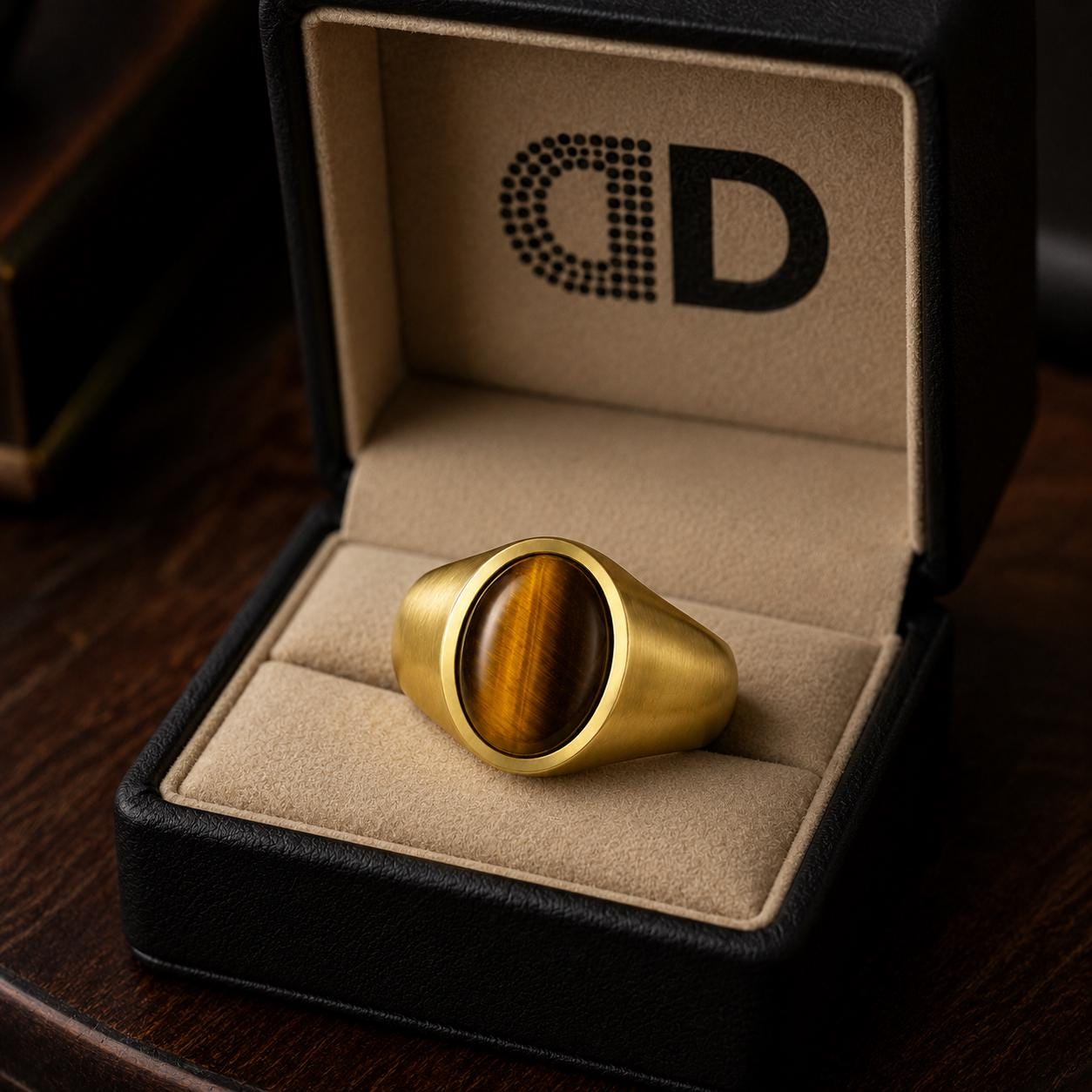 A gold ring with a large oval-shaped stone is displayed in a black jewelry box with a beige interior.