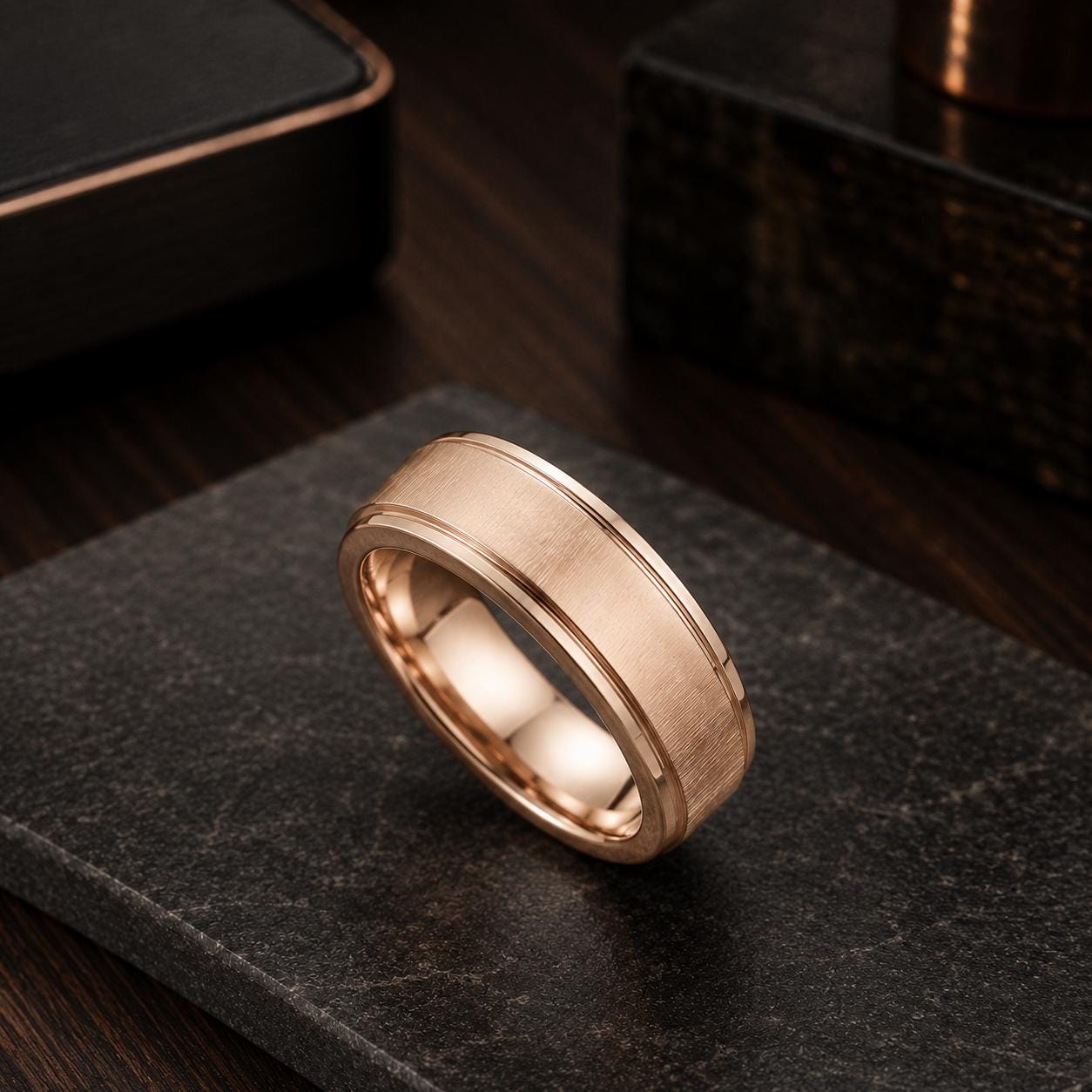 A gold-colored ring with a textured band is displayed on a dark surface, possibly a stone or a wooden box.