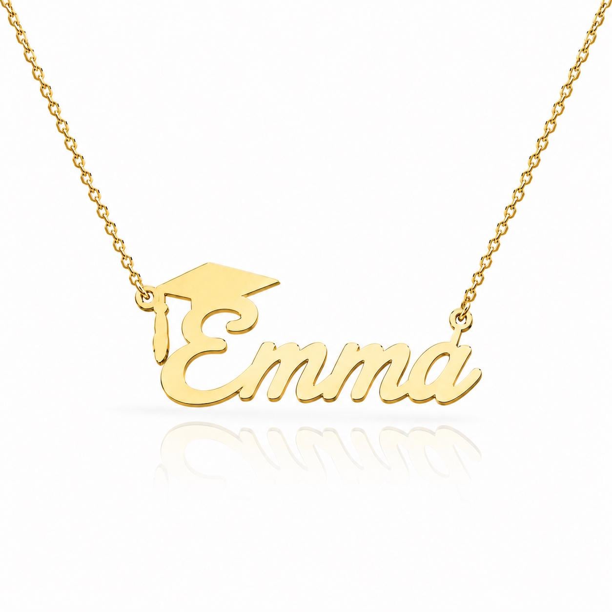 A gold-colored necklace with the name "Emma" engraved on it.